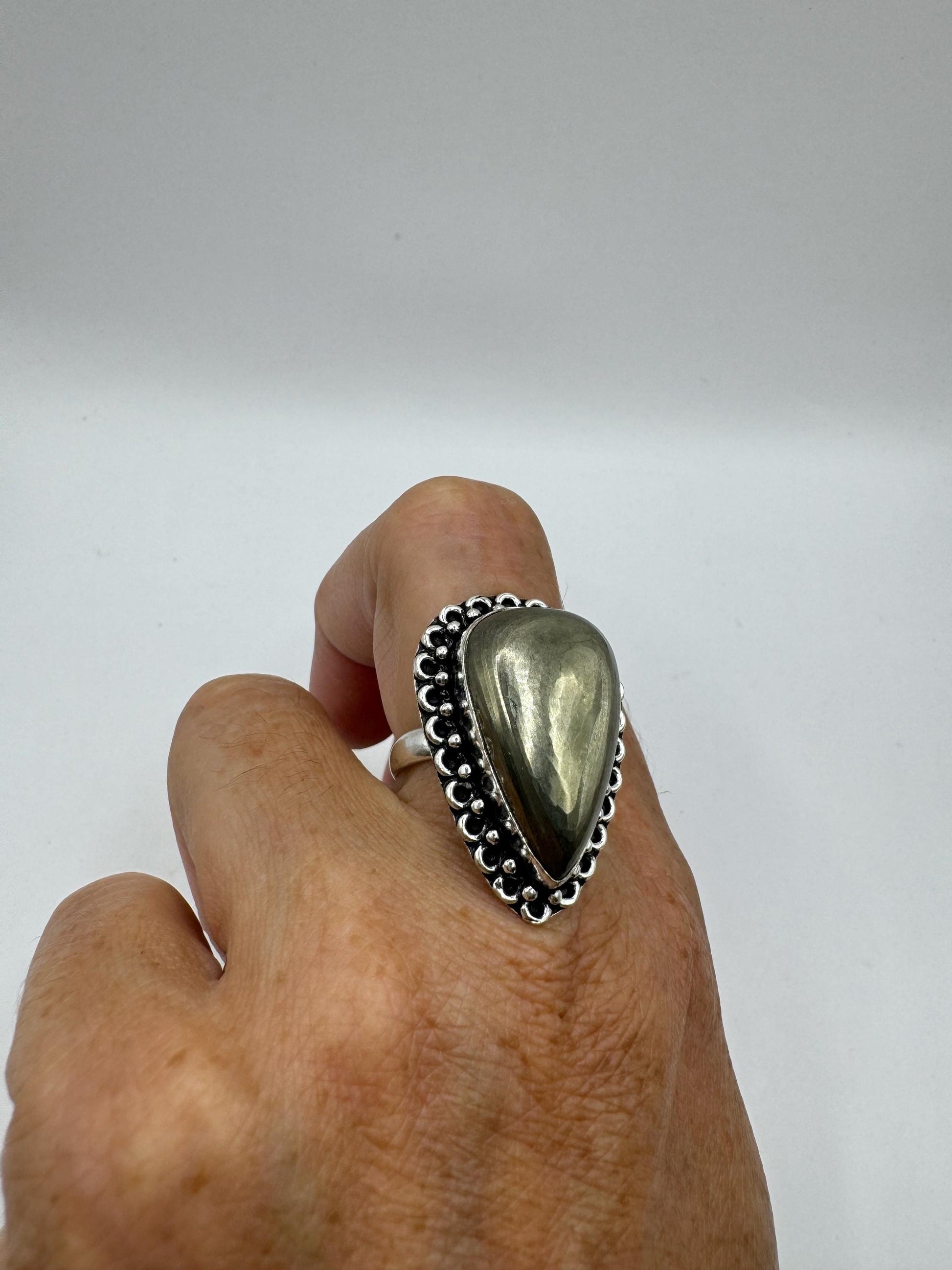 Vintage Gold Pyrite Silver Cocktail Ring Size 8
