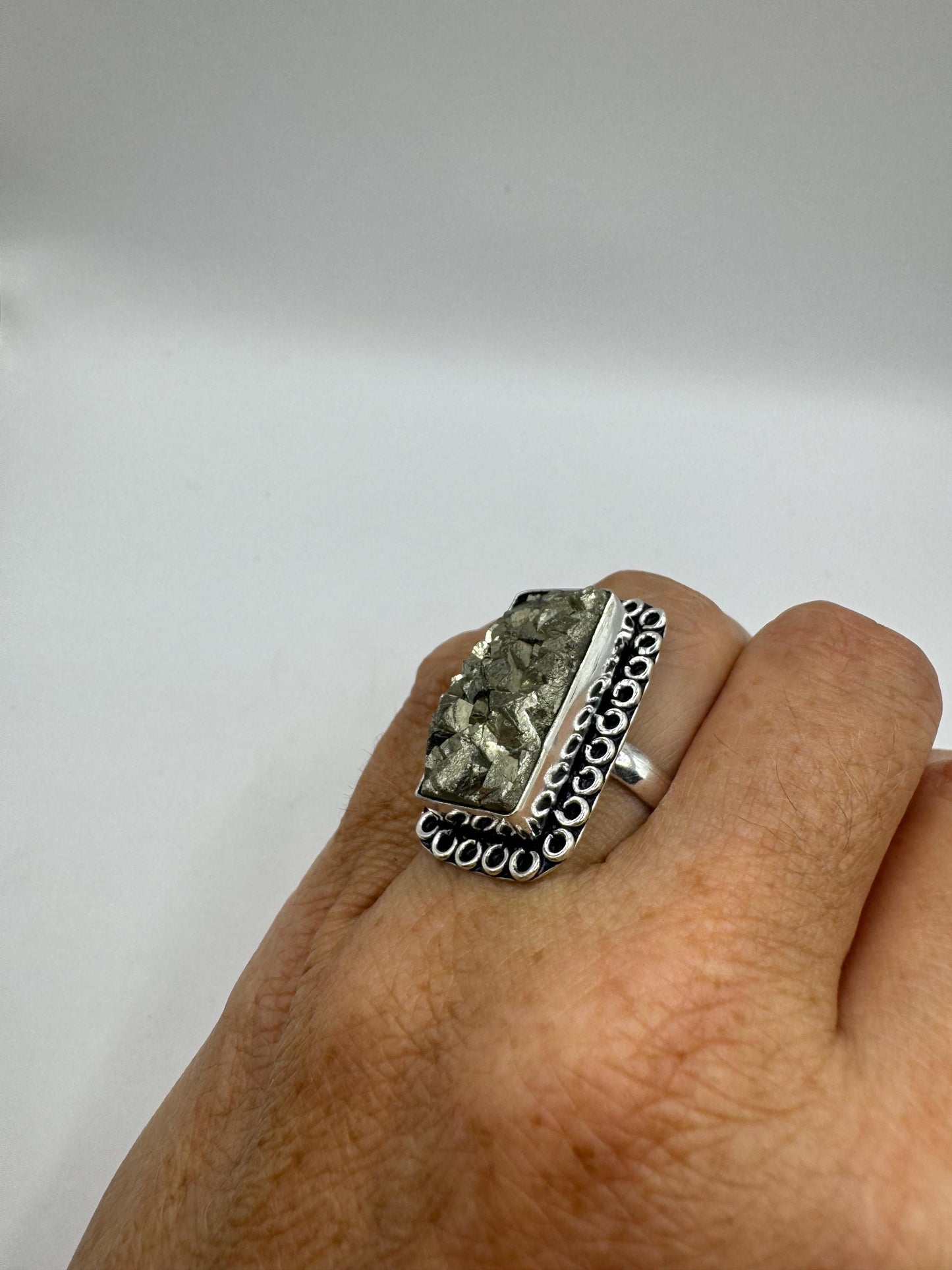 Vintage Gold Pyrite Silver Cocktail Ring Size 7