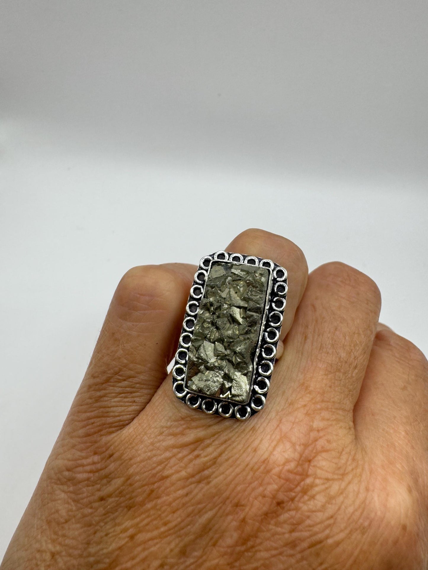 Vintage Gold Pyrite Silver Cocktail Ring Size 7