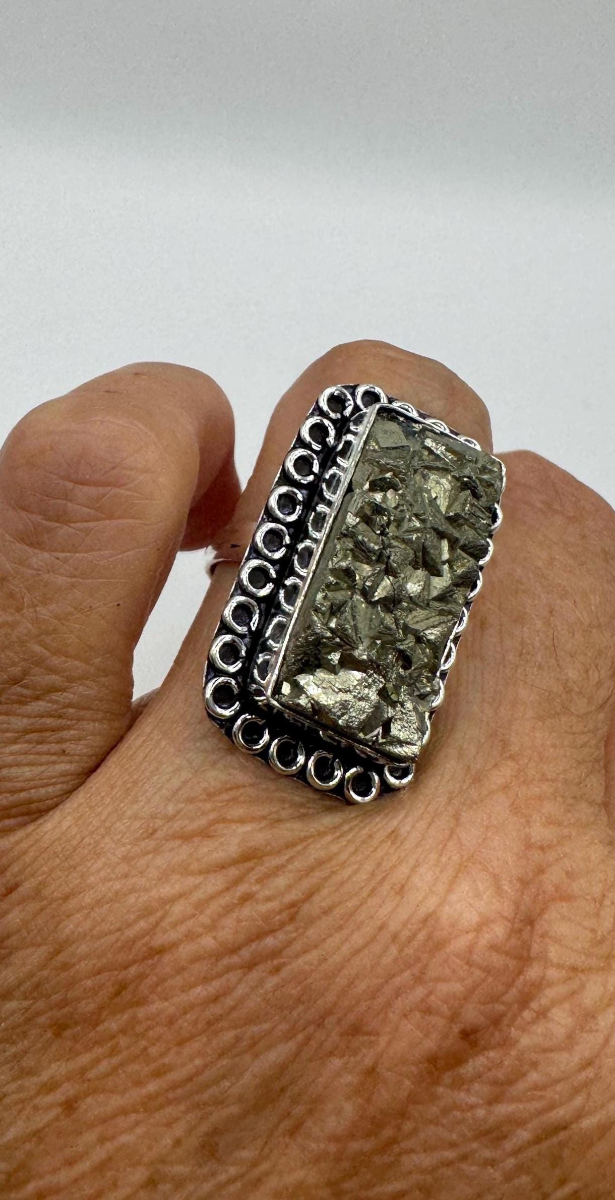 Vintage Gold Pyrite Silver Cocktail Ring Size 7