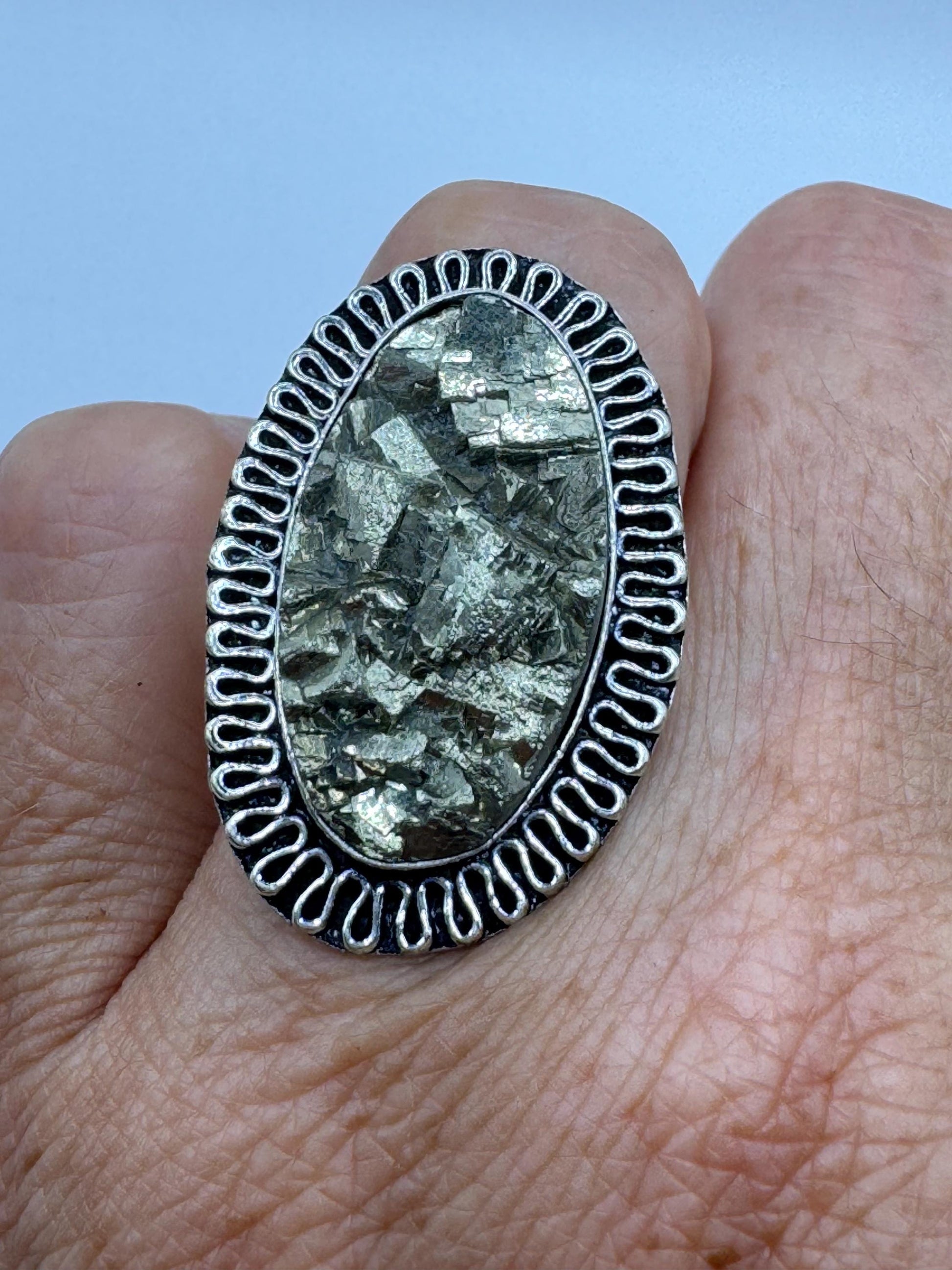 Vintage Gold Pyrite Silver Cocktail Ring Size 8