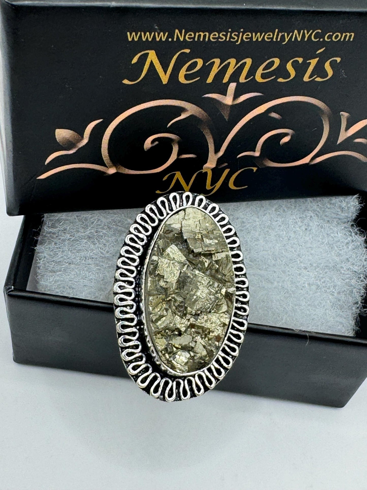 Vintage Gold Pyrite Silver Cocktail Ring Size 8