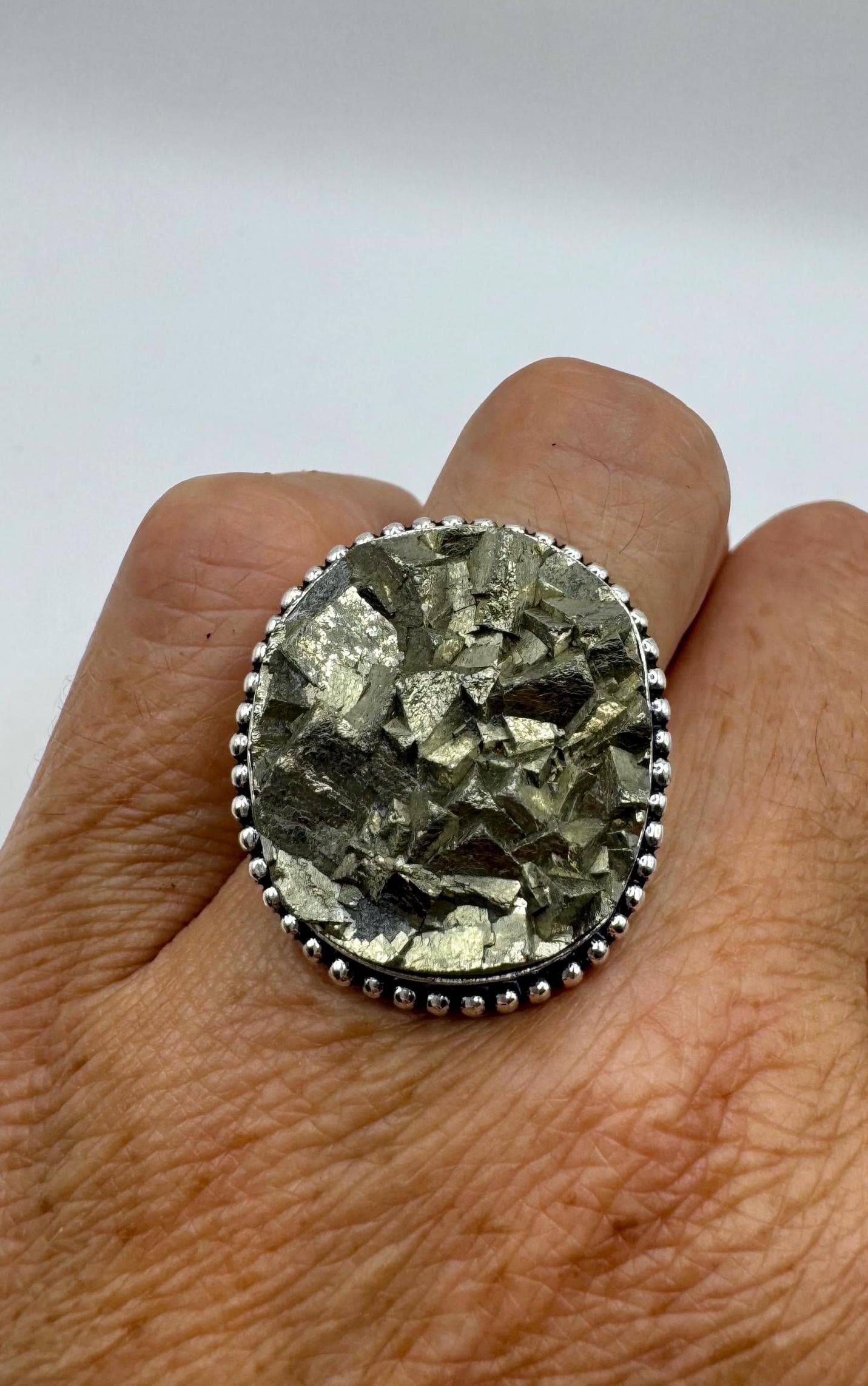 Vintage Gold Pyrite Silver Cocktail Ring Size 7.5