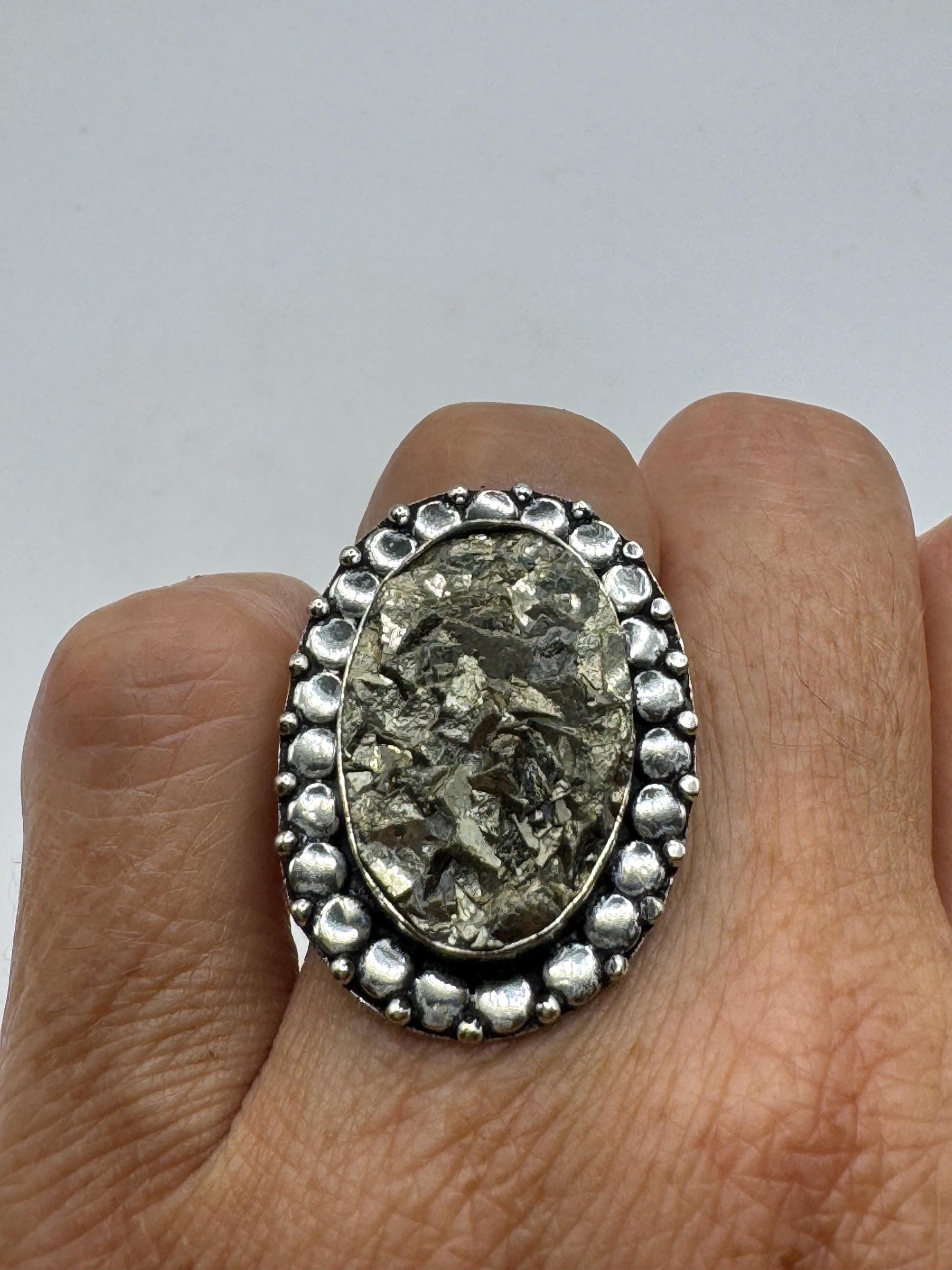 Vintage Gold Pyrite Silver Cocktail Ring Size 8