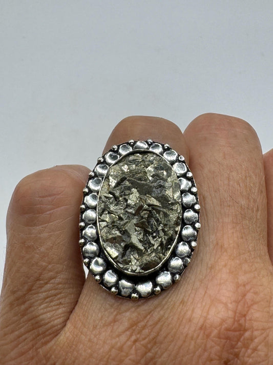 Vintage Gold Pyrite Silver Cocktail Ring Size 8