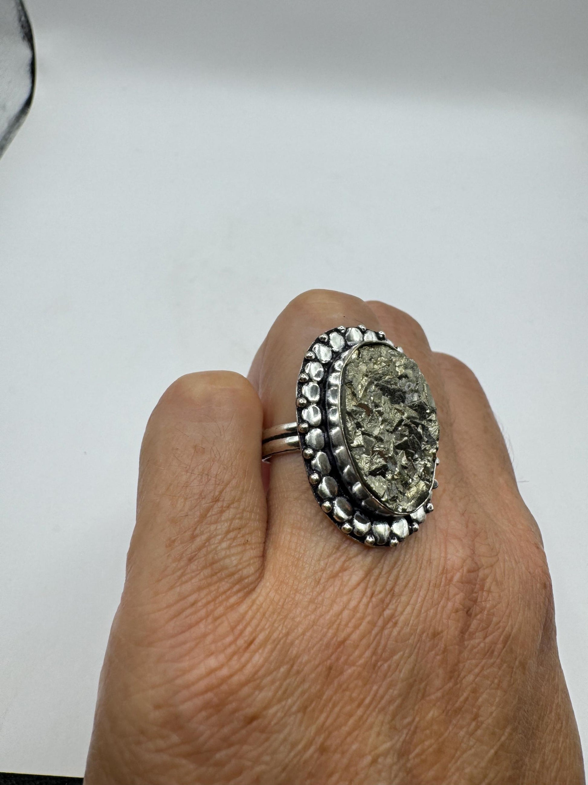 Vintage Gold Pyrite Silver Cocktail Ring Size 8