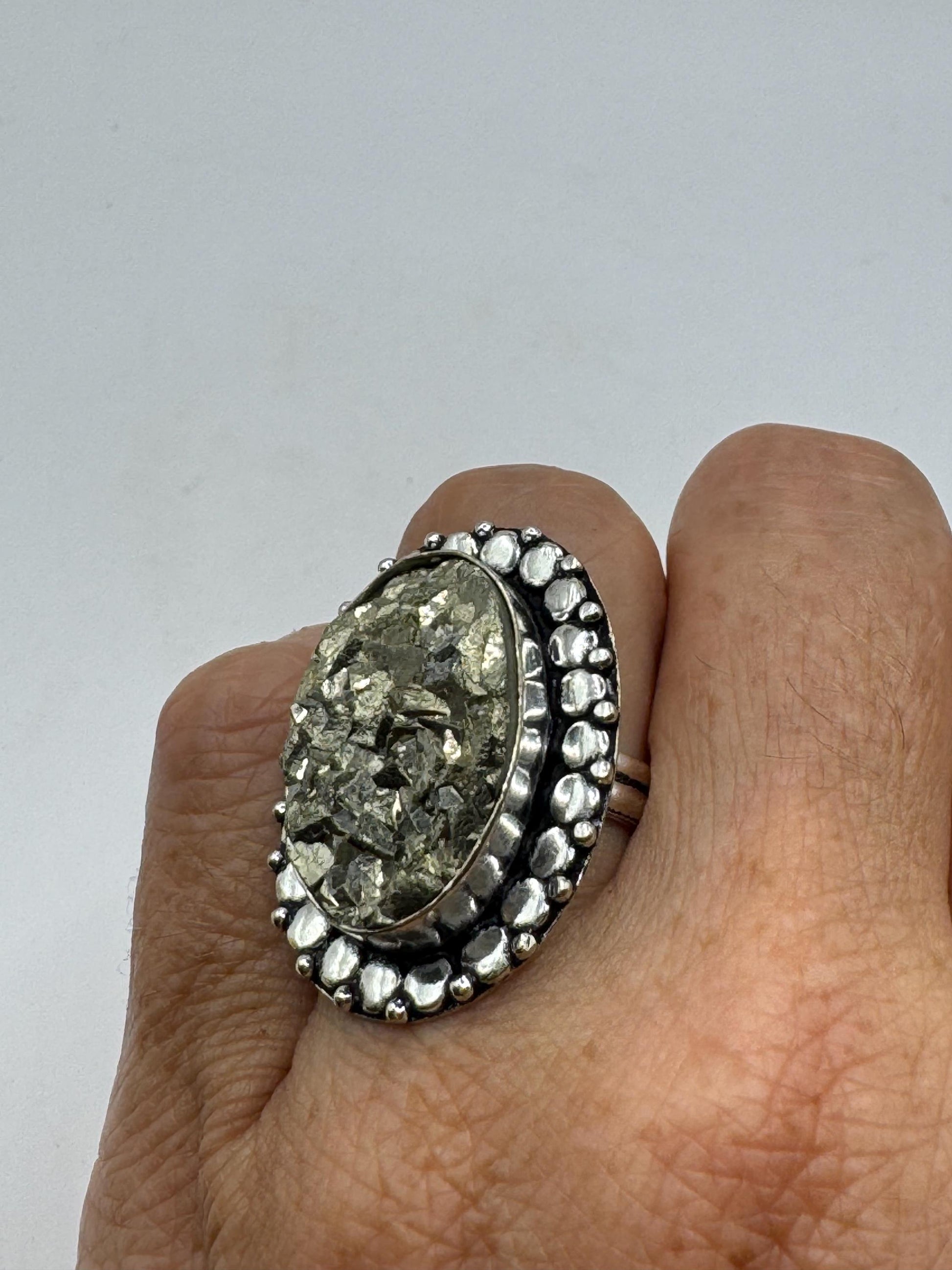 Vintage Gold Pyrite Silver Cocktail Ring Size 8