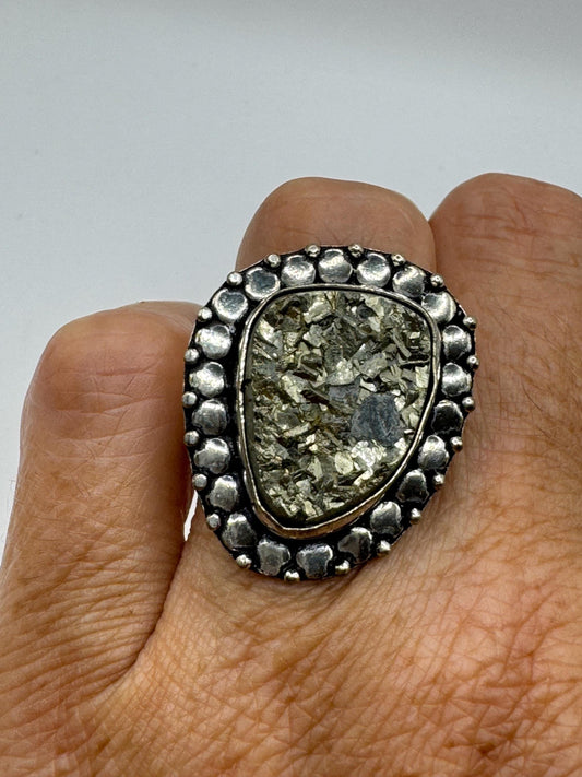 Vintage Gold Pyrite Silver Cocktail Ring Size 7