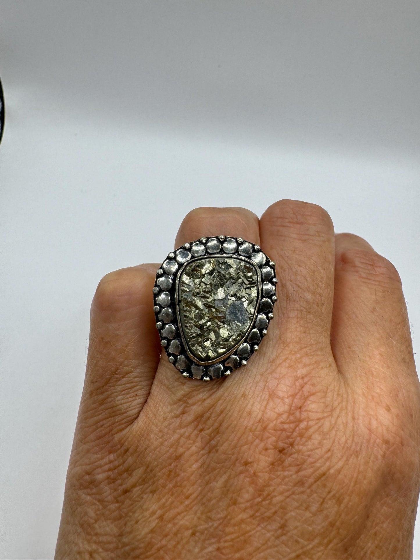 Vintage Gold Pyrite Silver Cocktail Ring Size 7