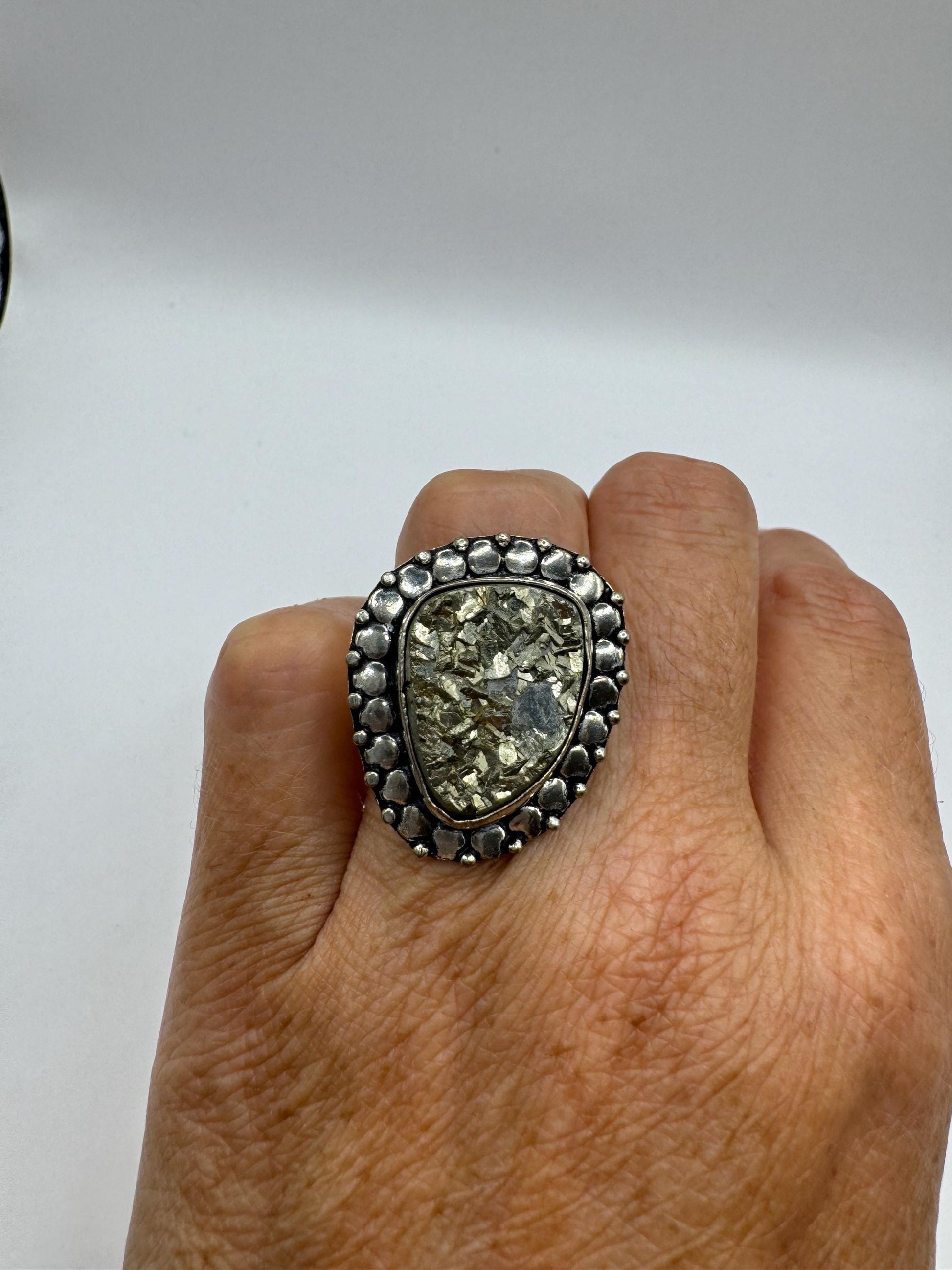 Vintage Gold Pyrite Silver Cocktail Ring Size 7