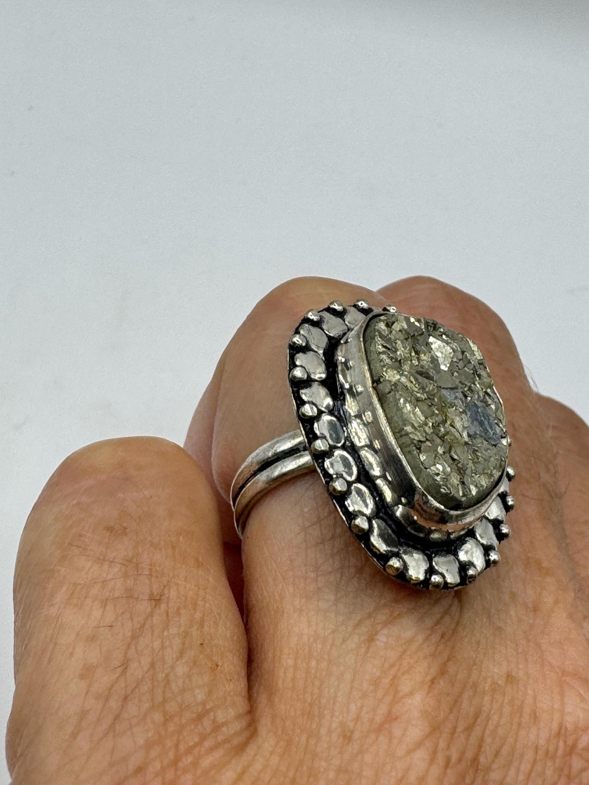 Vintage Gold Pyrite Silver Cocktail Ring Size 7