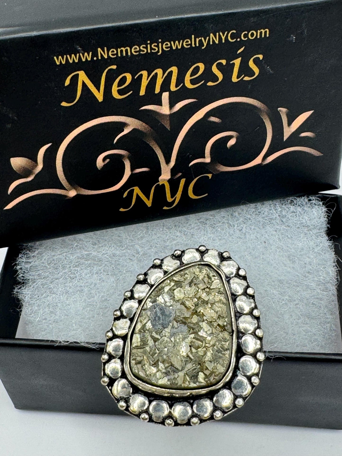 Vintage Gold Pyrite Silver Cocktail Ring Size 7