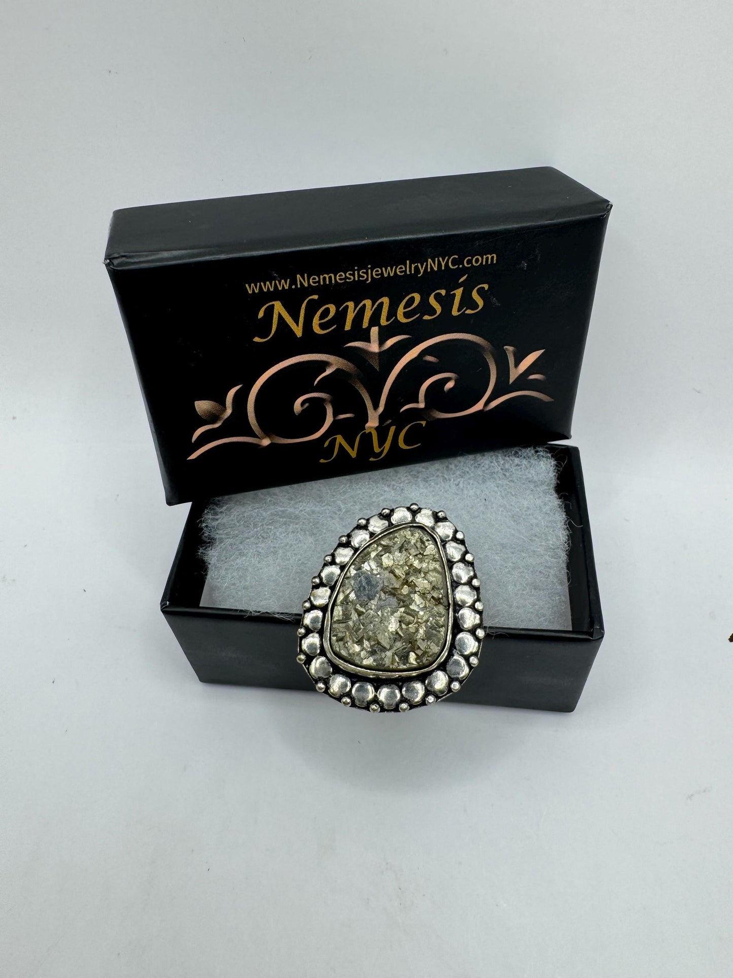 Vintage Gold Pyrite Silver Cocktail Ring Size 7