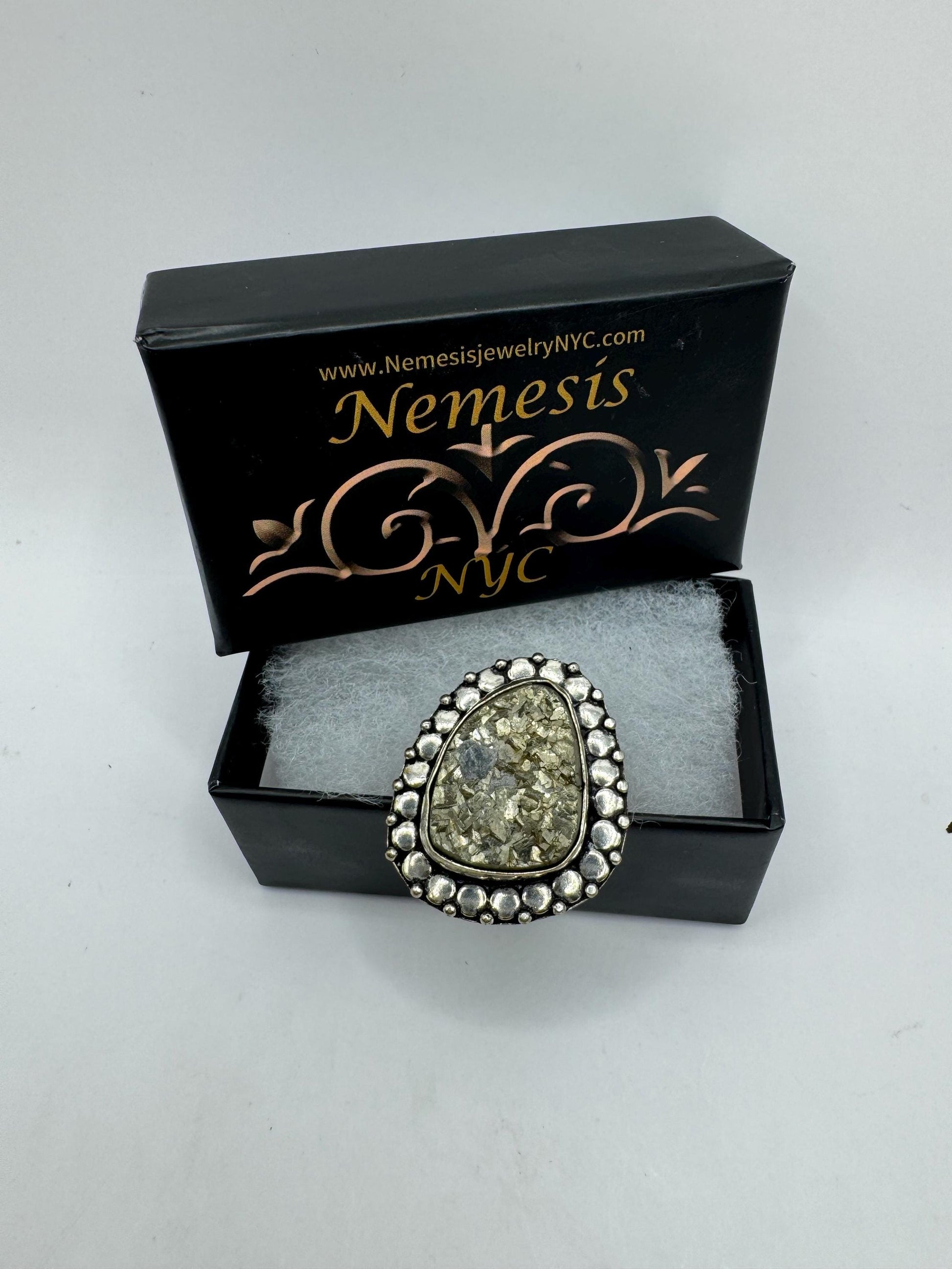 Vintage Gold Pyrite Silver Cocktail Ring Size 7