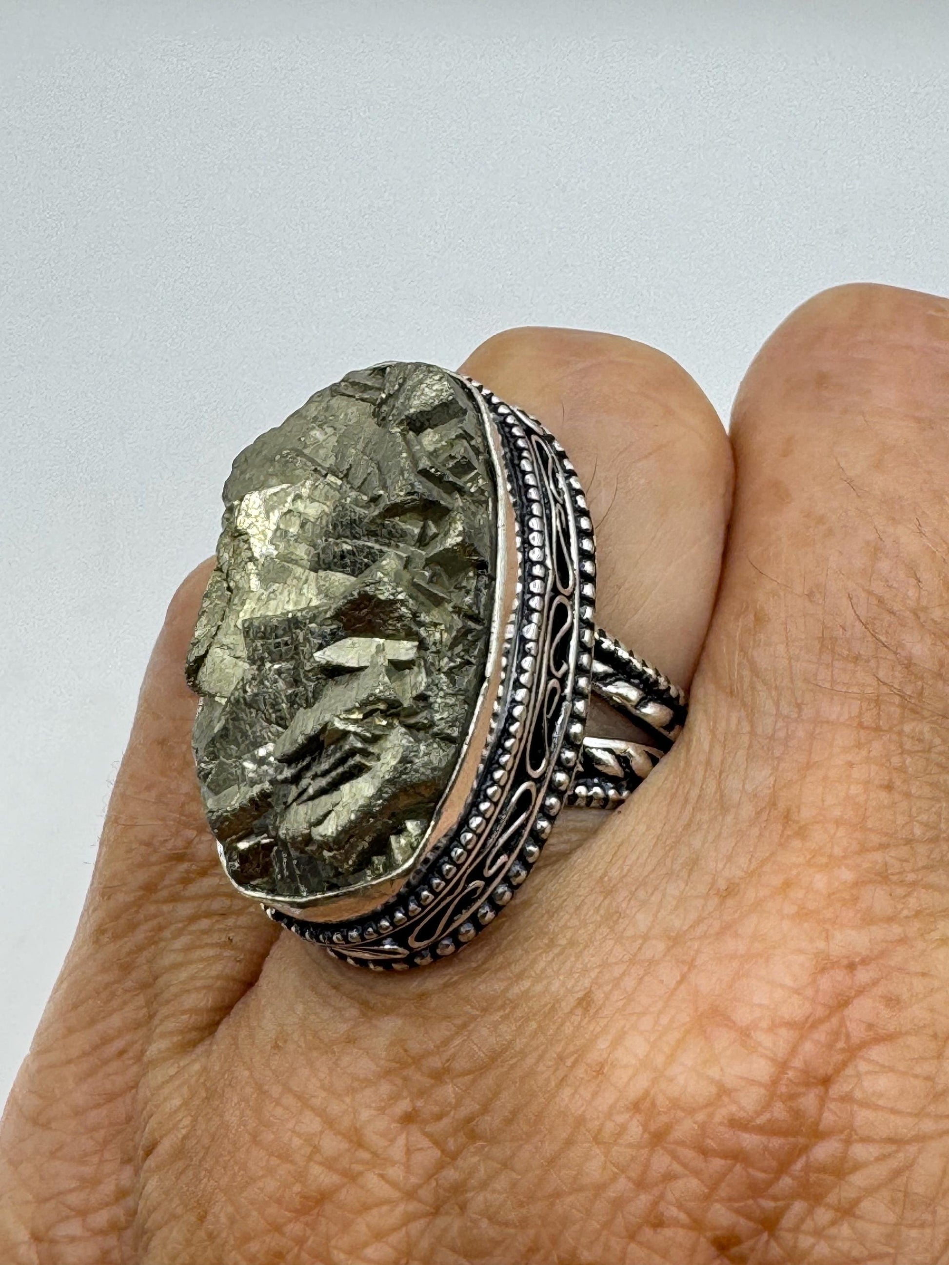 Vintage Gold Pyrite Silver Cocktail Ring Size 6