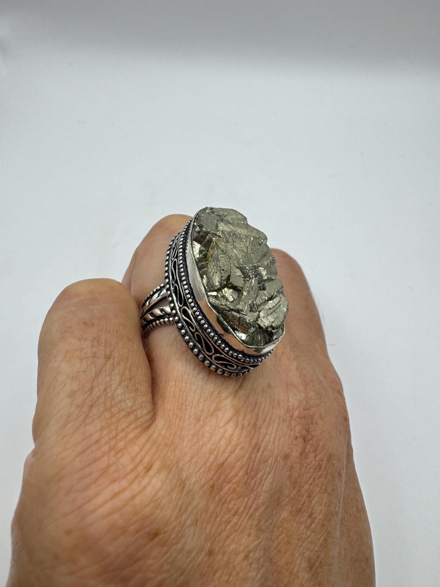 Vintage Gold Pyrite Silver Cocktail Ring Size 6