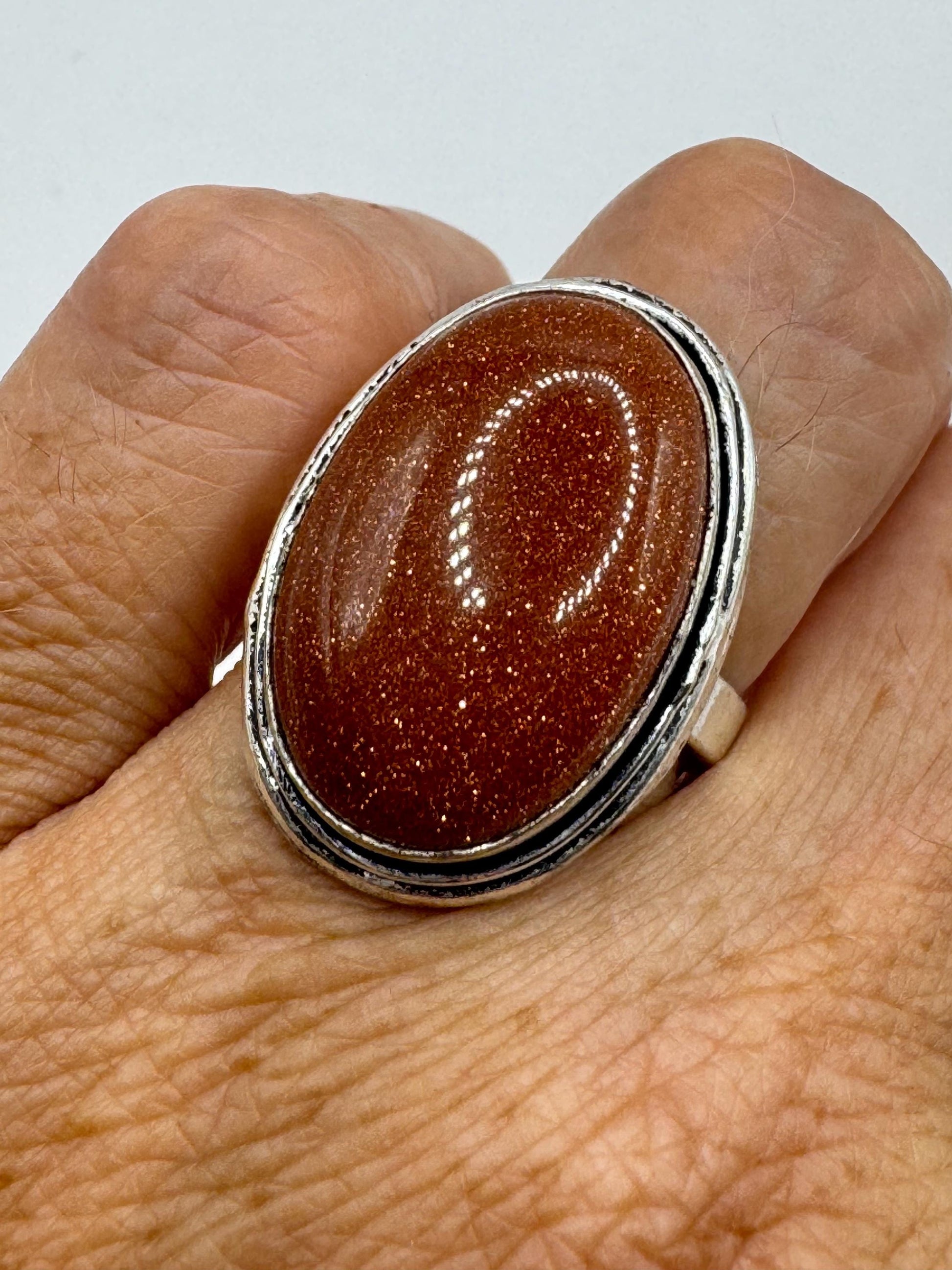 Vintage Handmade Boho Statement Gold Sandstone Silver Ring 7.5