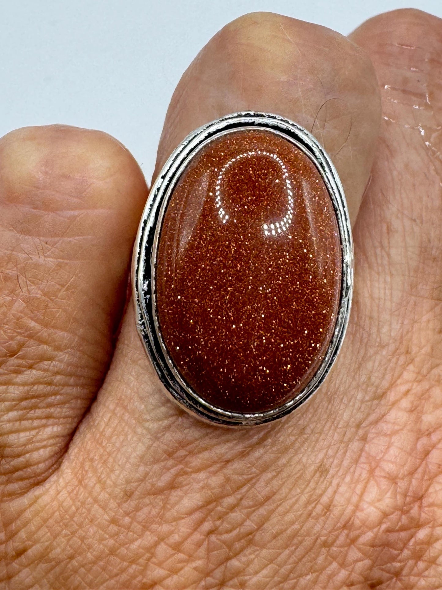 Vintage Handmade Boho Statement Gold Sandstone Silver Ring 7.5