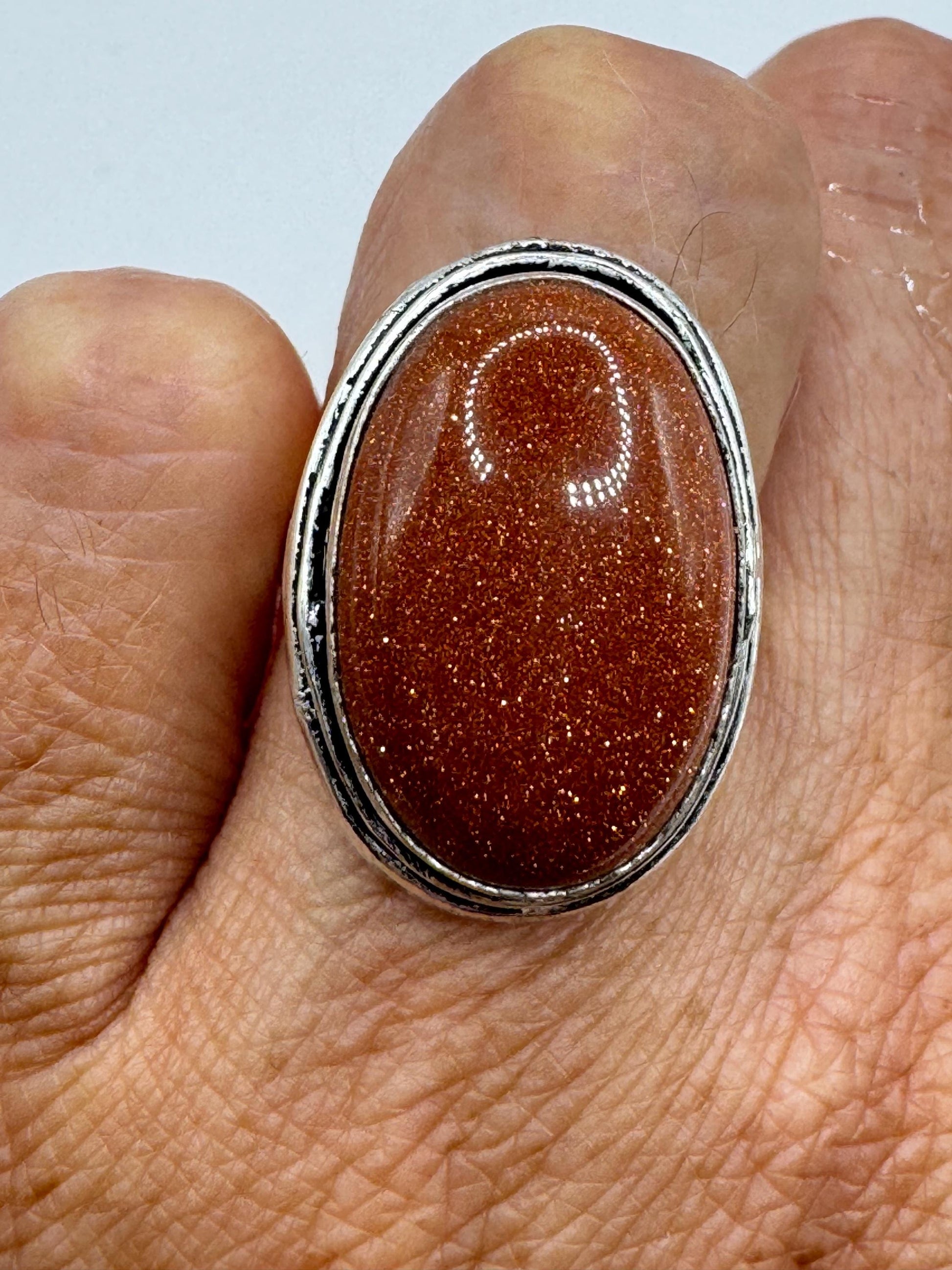 Vintage Handmade Boho Statement Gold Sandstone Silver Ring 7.5