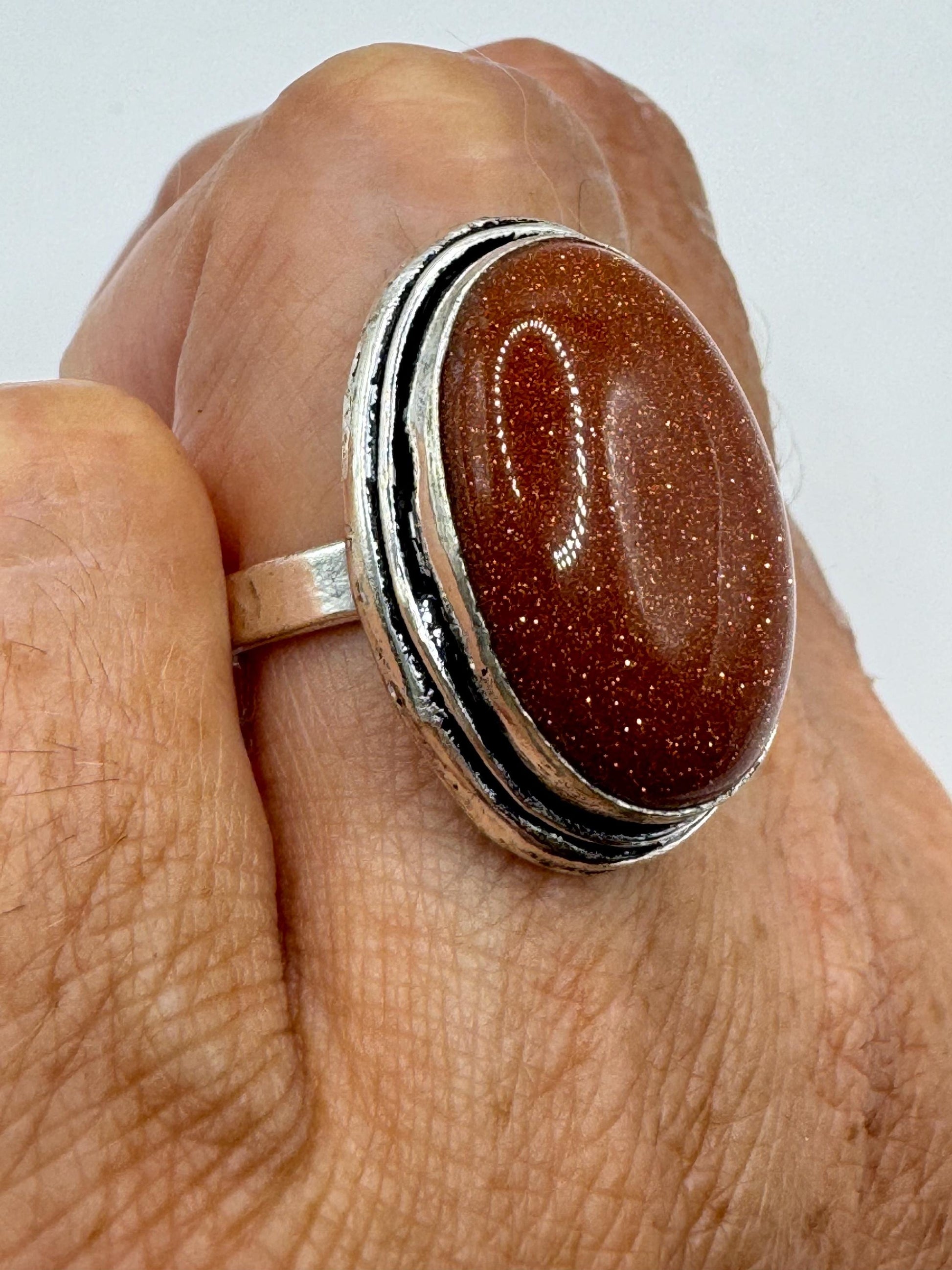 Vintage Handmade Boho Statement Gold Sandstone Silver Ring 7.5