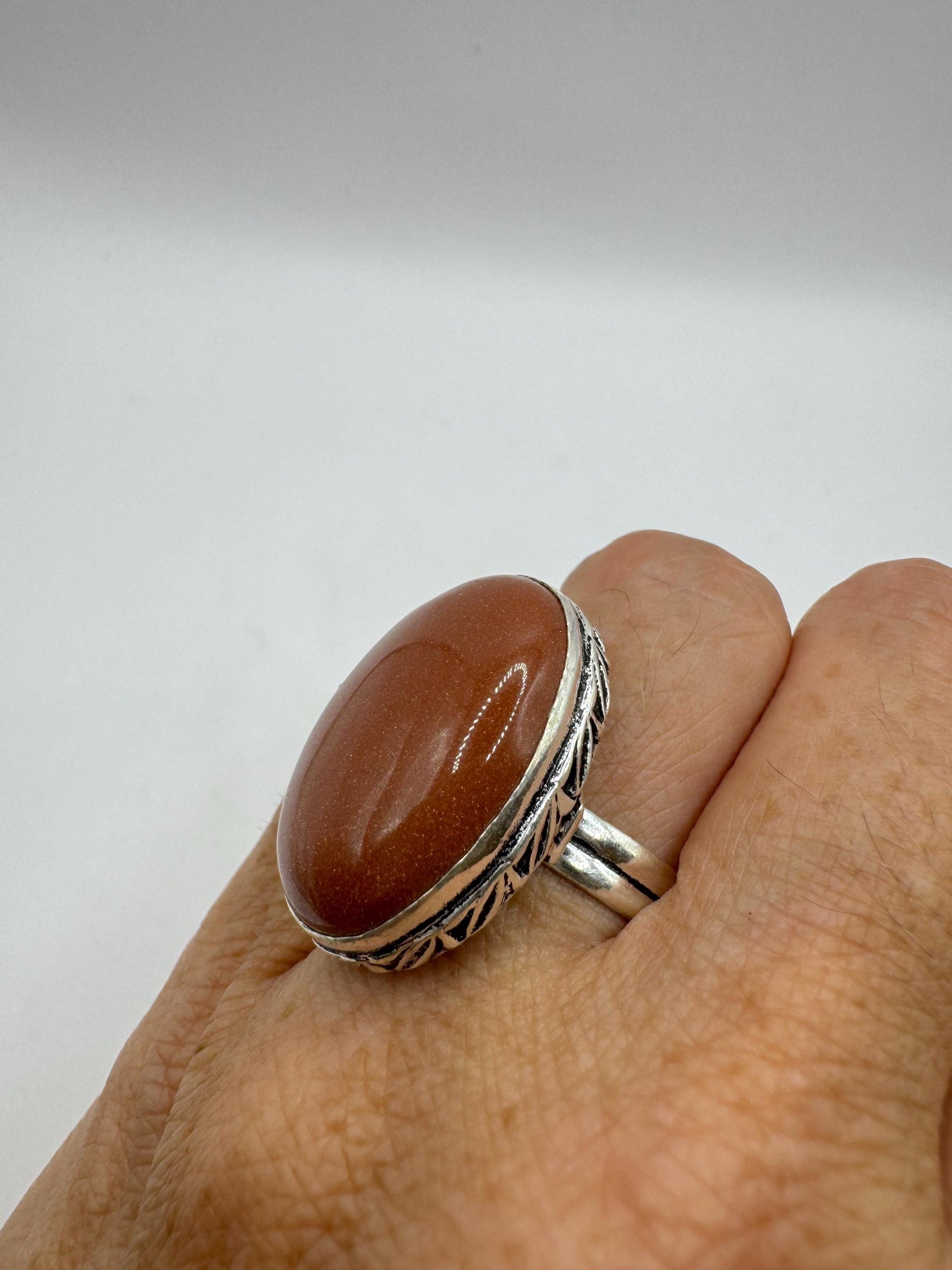 Vintage Handmade Boho Statement Gold Sandstone Silver Ring 9