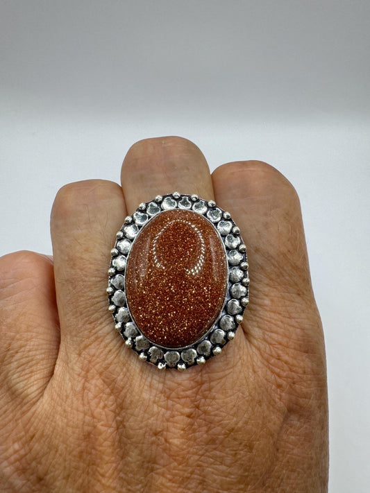 Vintage Handmade Boho Statement Gold Sandstone Silver Ring 9