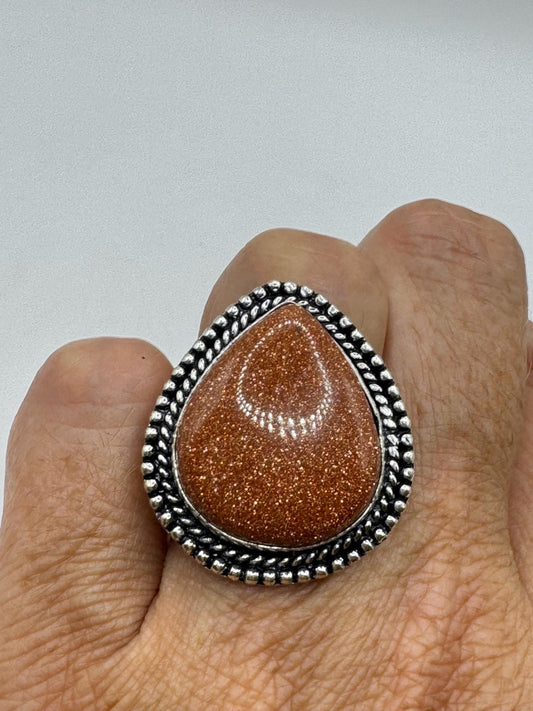 Vintage Handmade Boho Statement Gold Sandstone Silver Ring 7.75