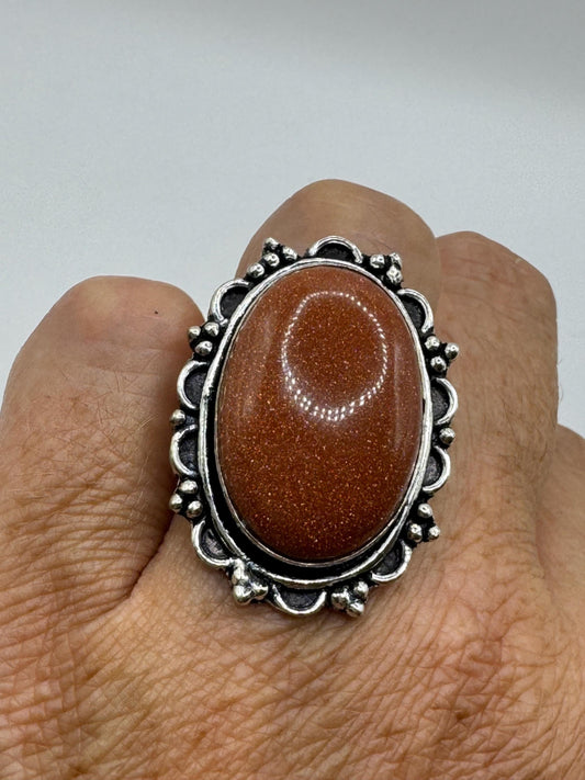Vintage Handmade Boho Statement Gold Sandstone Silver Ring 7.25