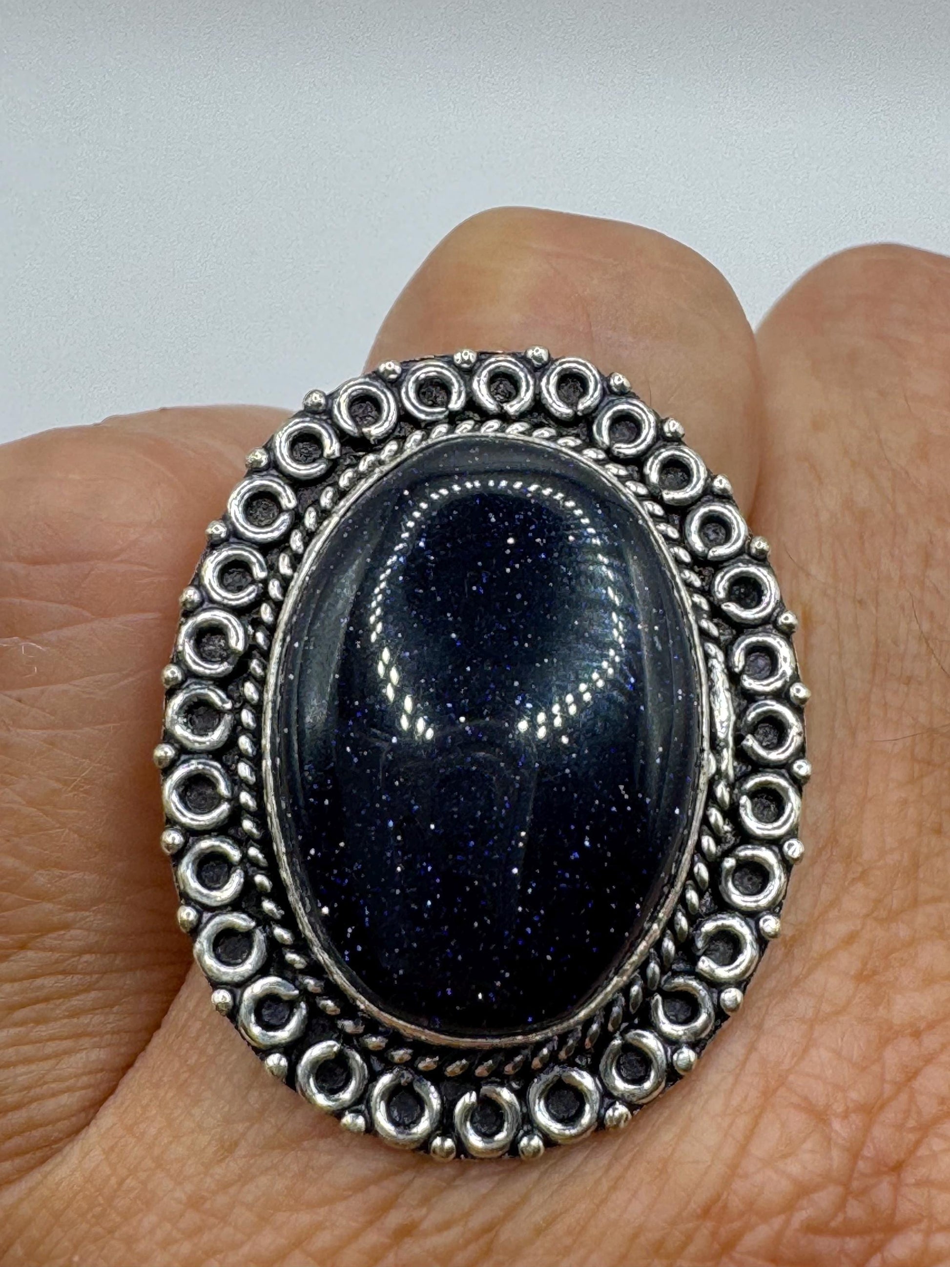 Vintage Handmade Boho Statement Black Sandstone Silver Ring 7