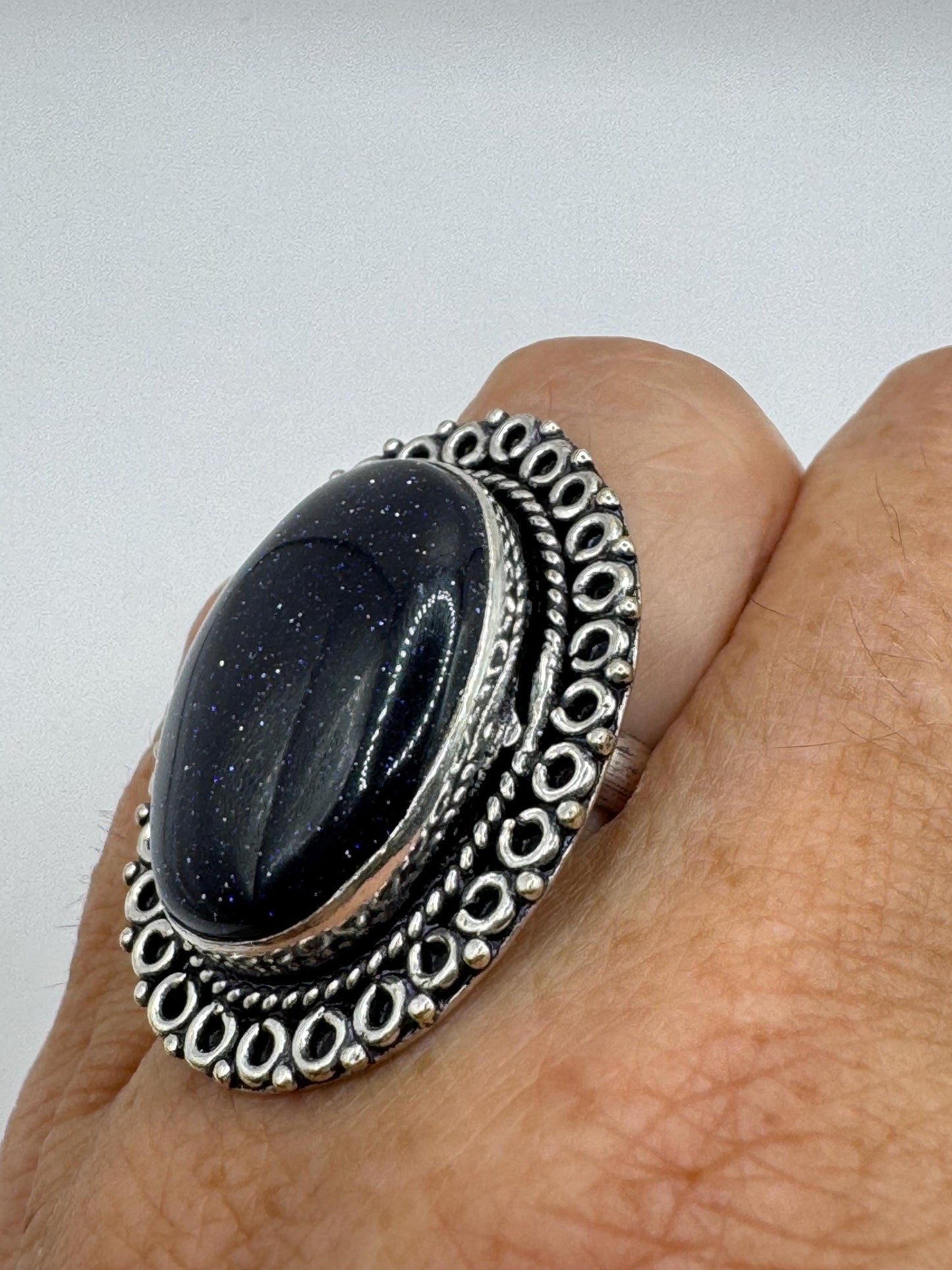 Vintage Handmade Boho Statement Black Sandstone Silver Ring 7