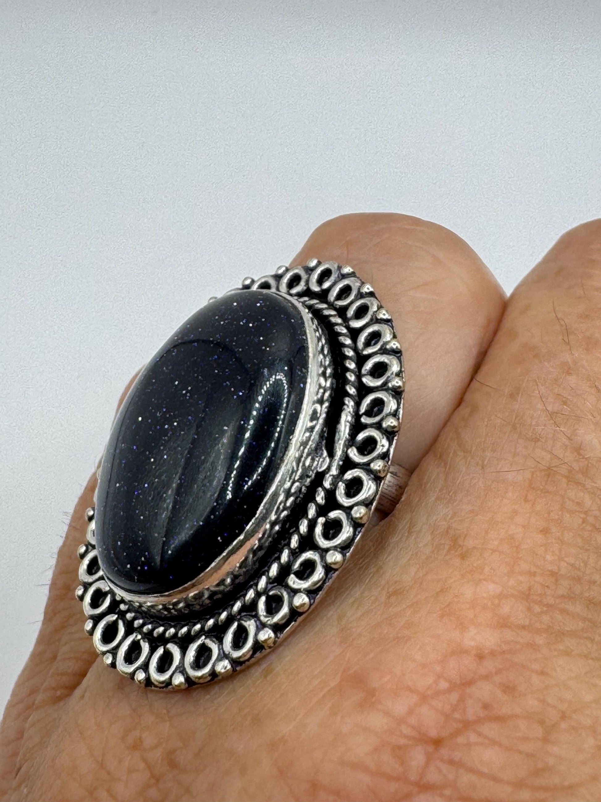 Vintage Handmade Boho Statement Black Sandstone Silver Ring 7