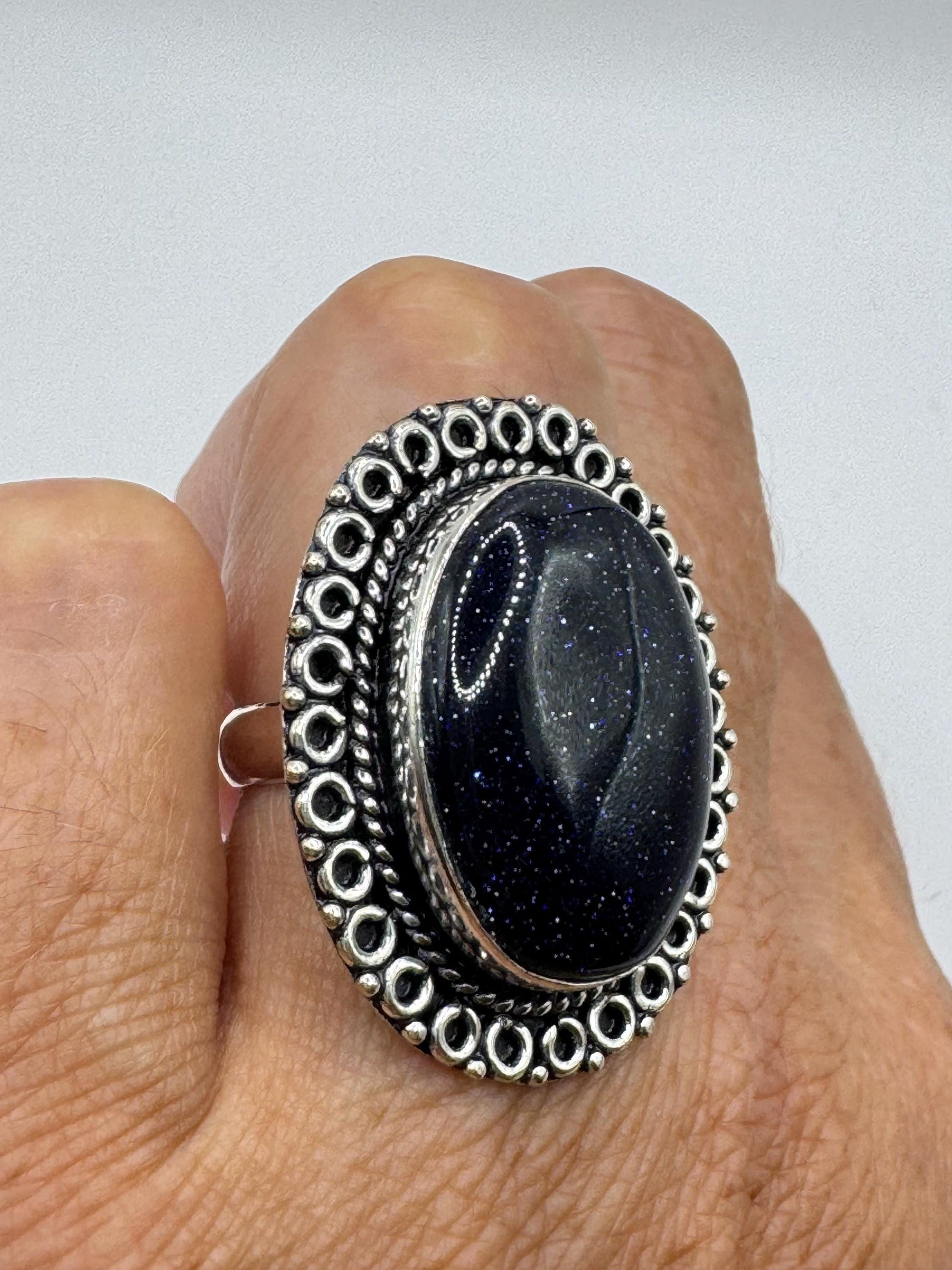Vintage Handmade Boho Statement Black Sandstone Silver Ring 7