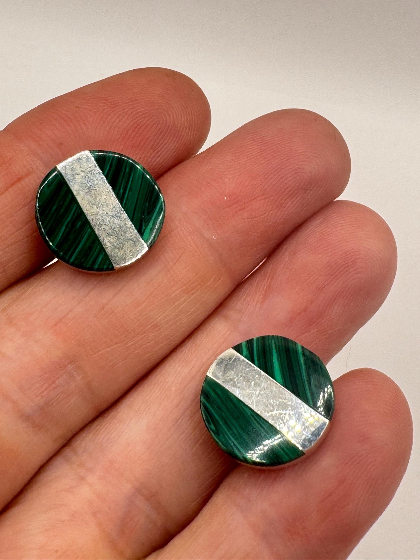 Vintage Green Malachite Cuff Links 925 Sterling Silver