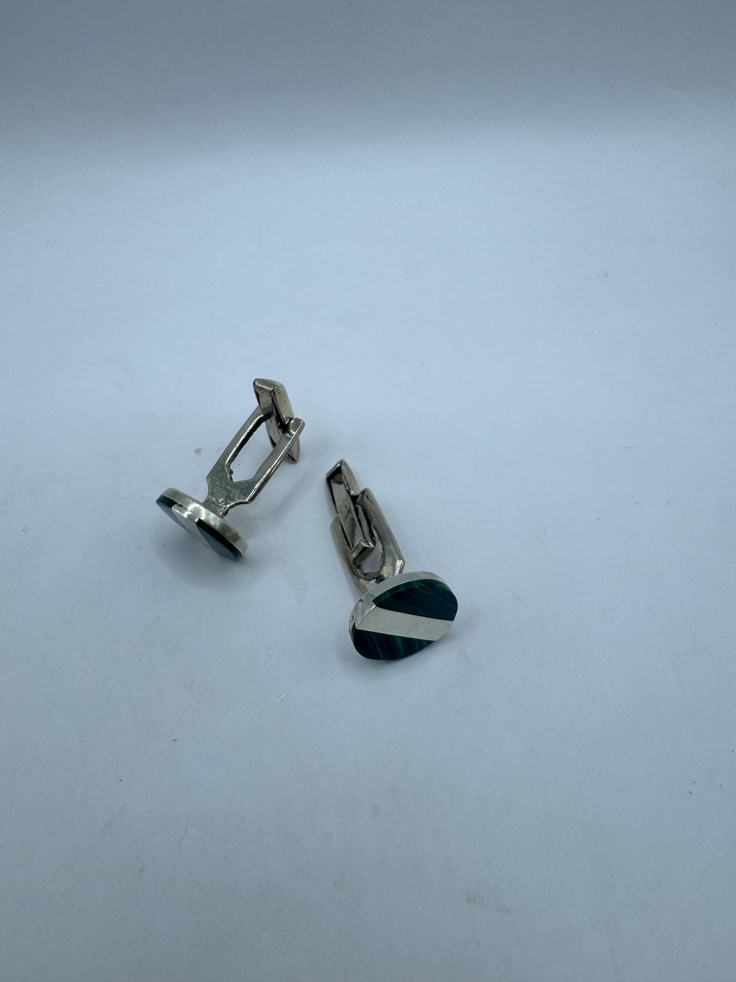 Vintage Green Malachite Cuff Links 925 Sterling Silver