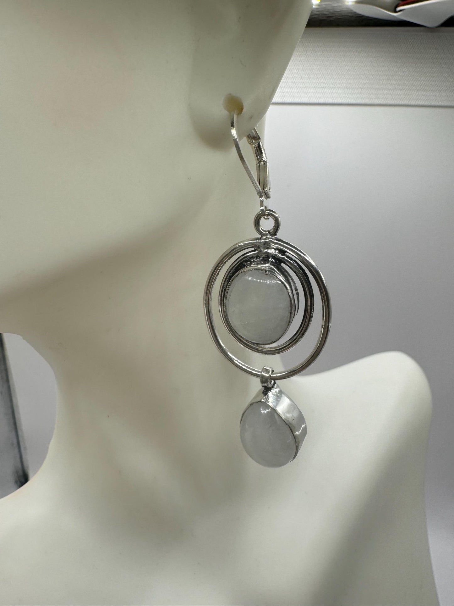 Vintage Rainbow Moonstone Sterling Silver Lever Back Dangle Earrings