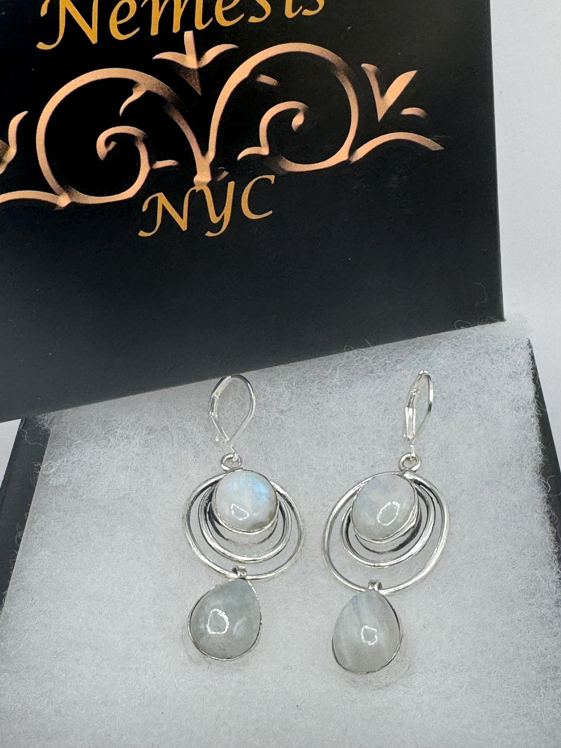 Vintage Rainbow Moonstone Sterling Silver Lever Back Dangle Earrings
