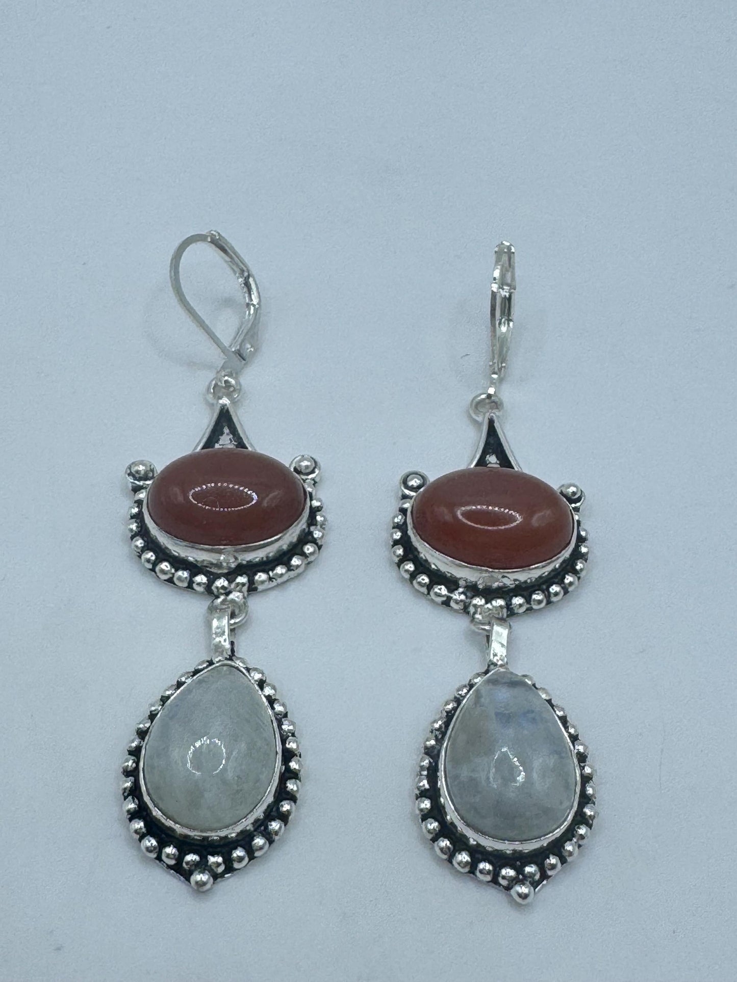 Vintage rainbow moonstone carnelian 925 sterling silver lever back dangle earrings
