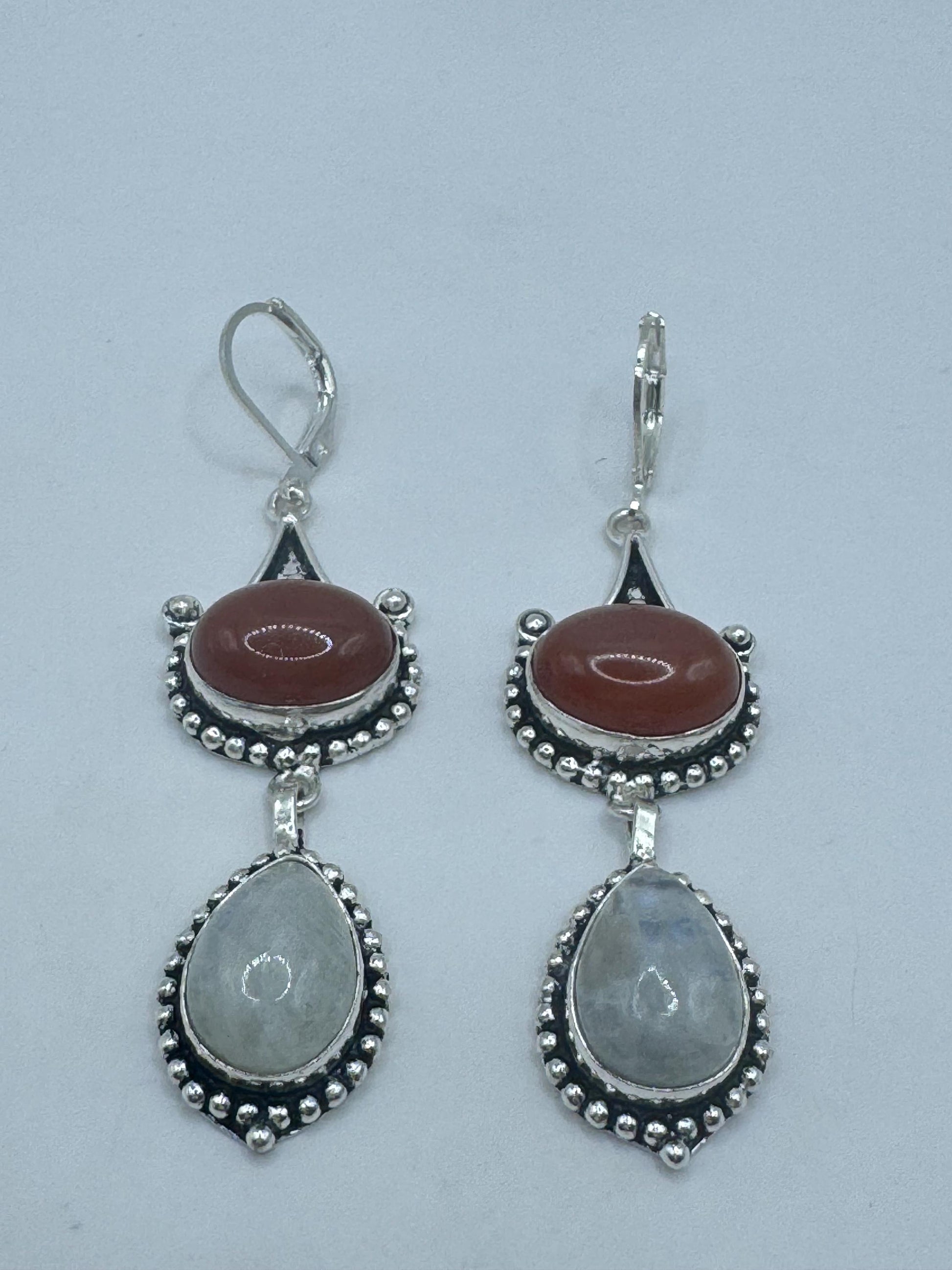 Vintage rainbow moonstone carnelian 925 sterling silver lever back dangle earrings