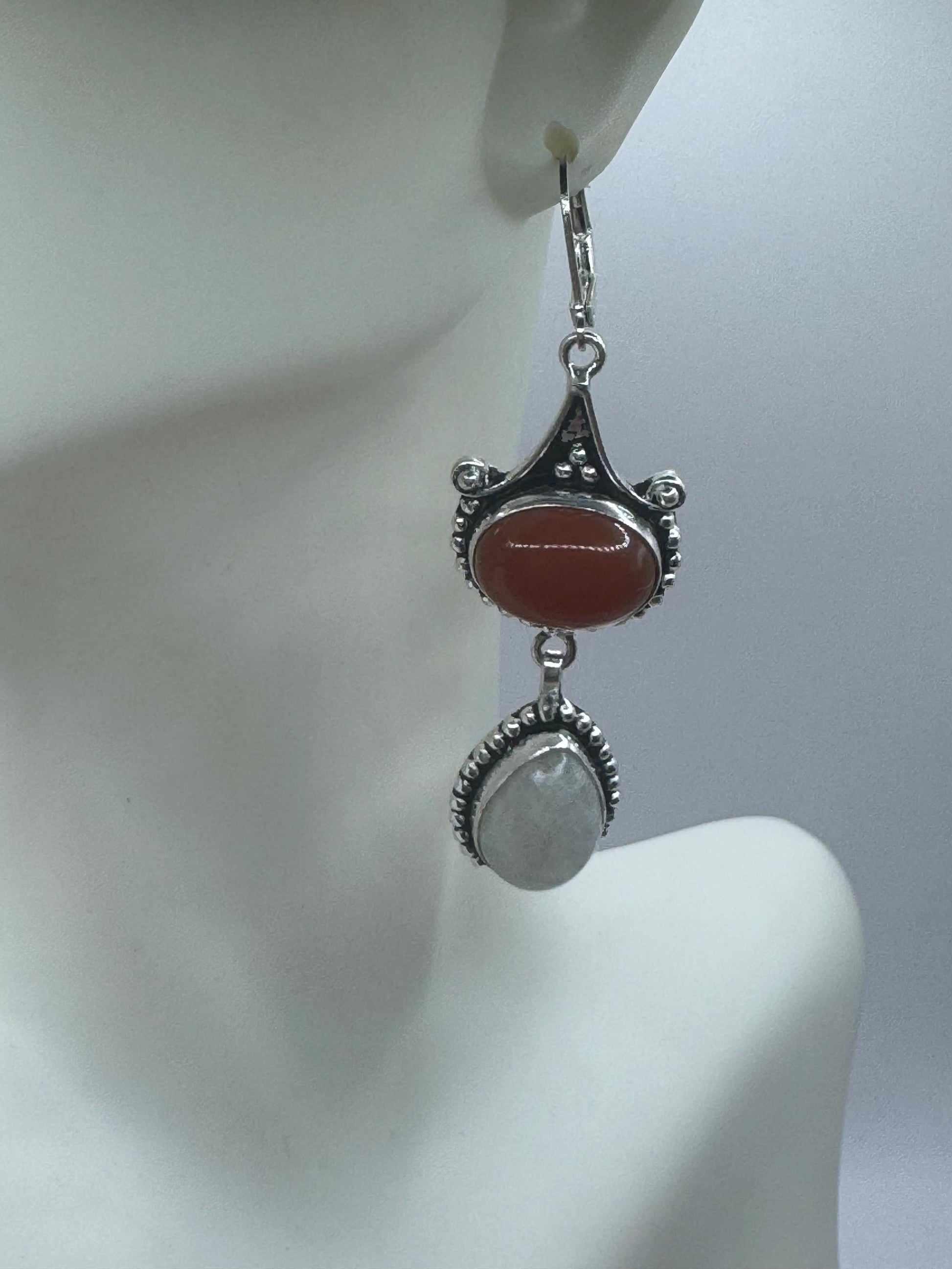 Vintage rainbow moonstone carnelian 925 sterling silver lever back dangle earrings