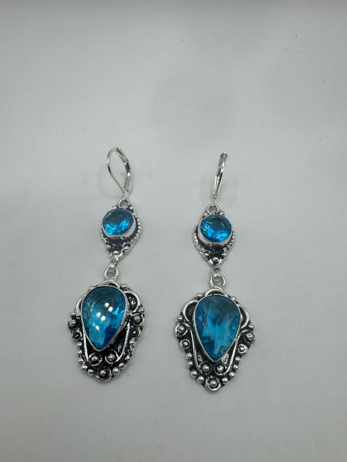 Antique vintage Aqua Blue Volcanic glass Silver dangle earrings