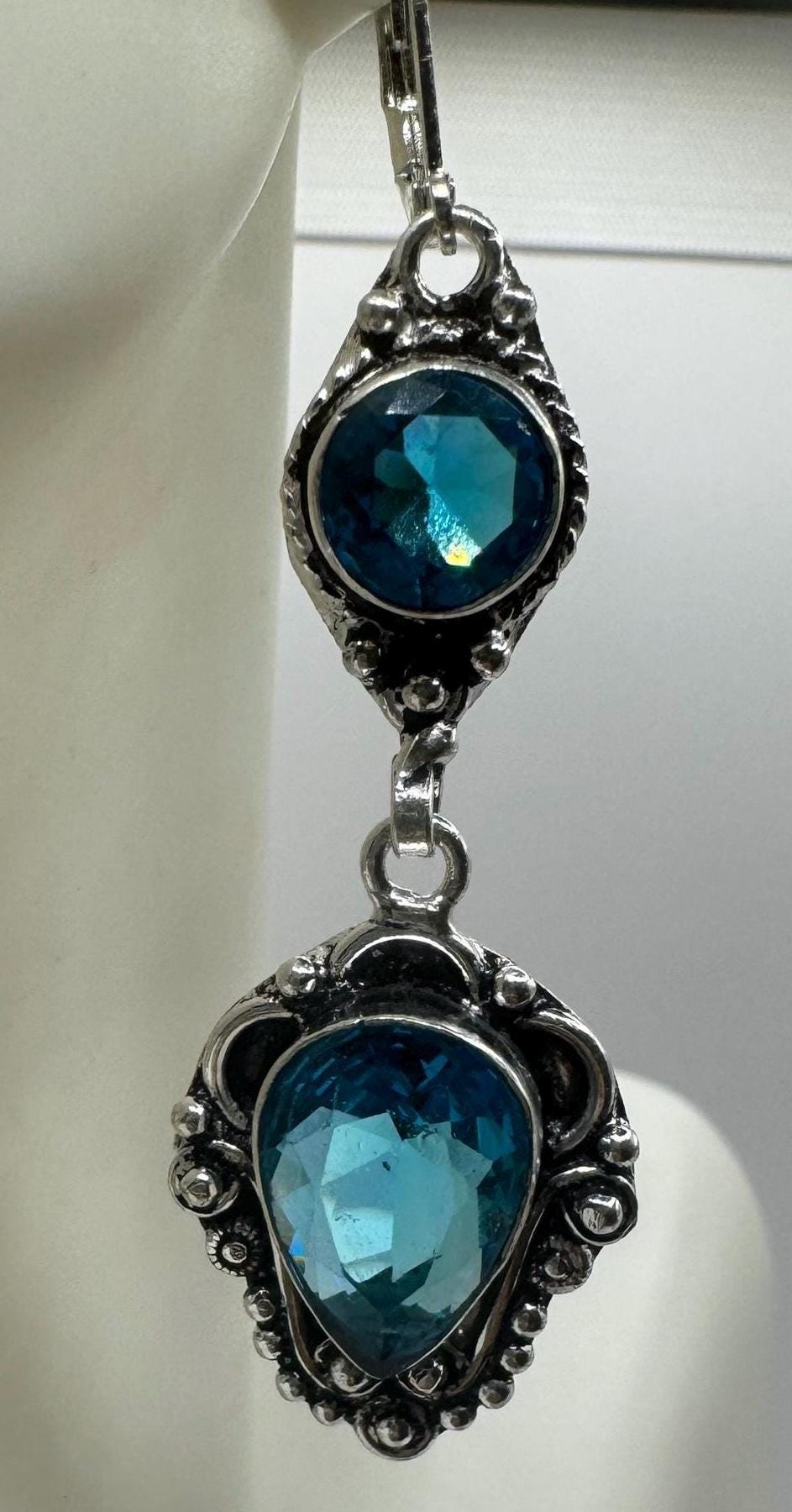 Antique vintage Aqua Blue Volcanic glass Silver dangle earrings