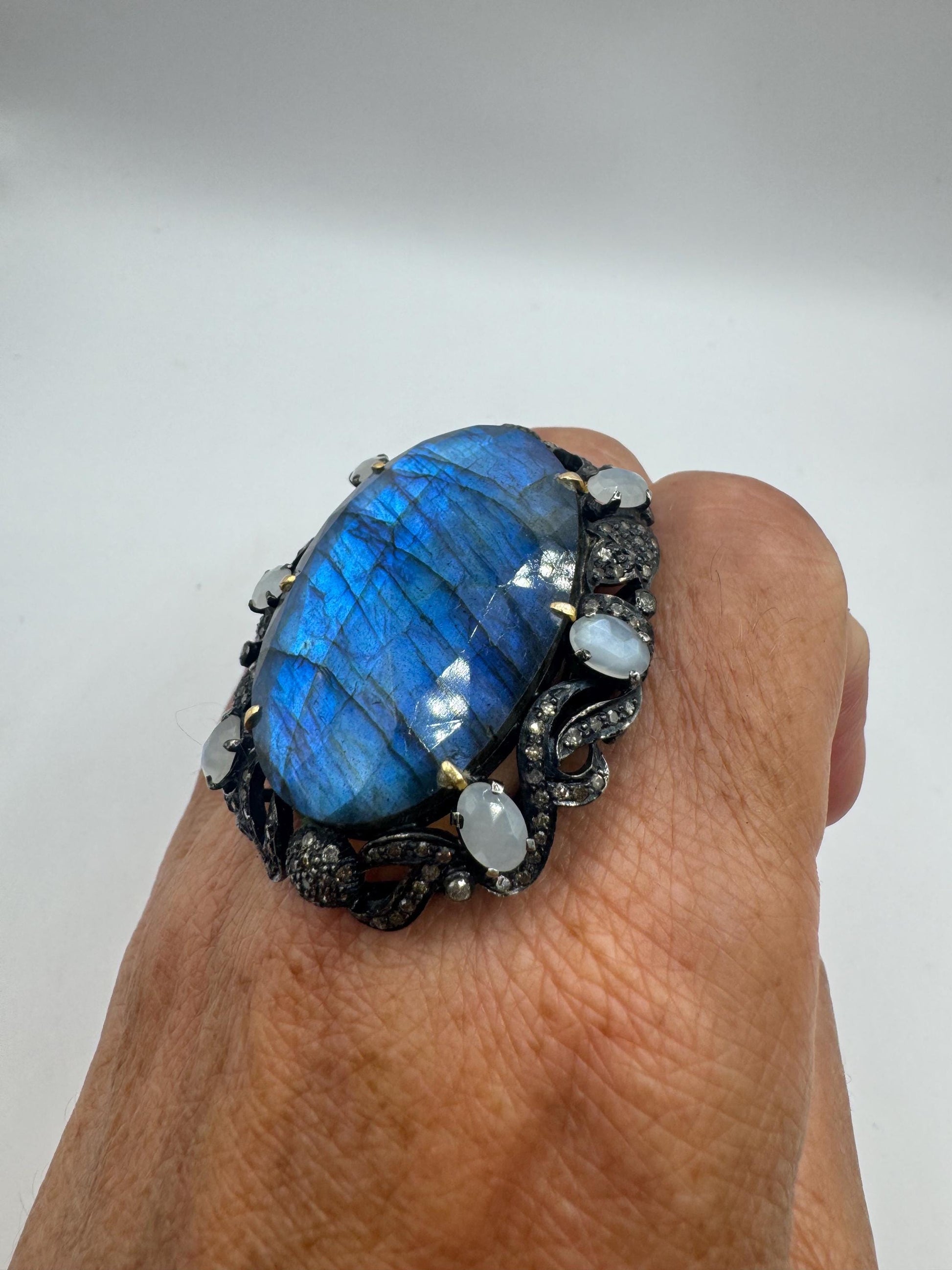 Vintage Labradorite Statement Ring, Diamonds, Moonstone, Sterling Silver Gold