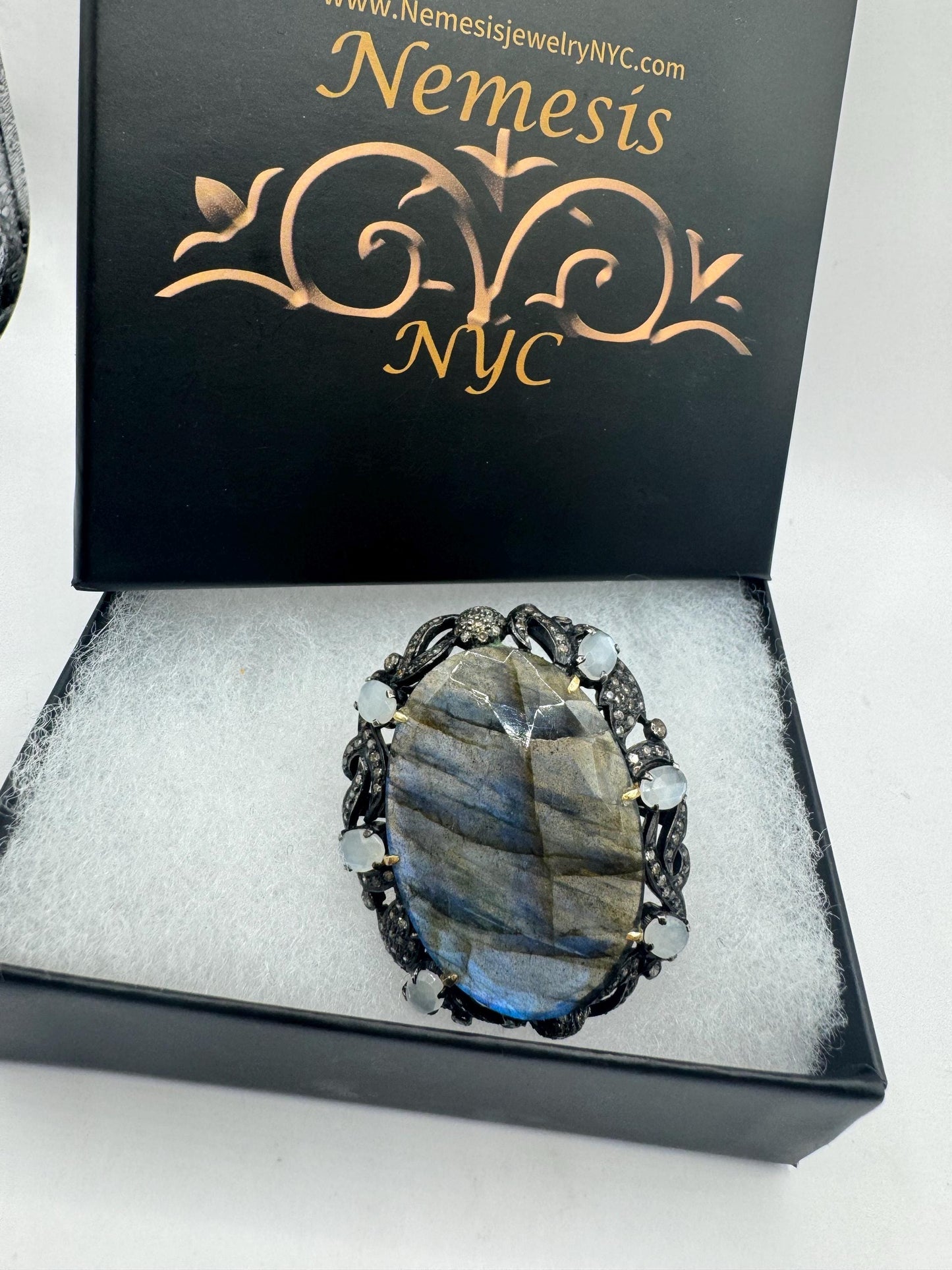 Vintage Labradorite Statement Ring, Diamonds, Moonstone, Sterling Silver Gold