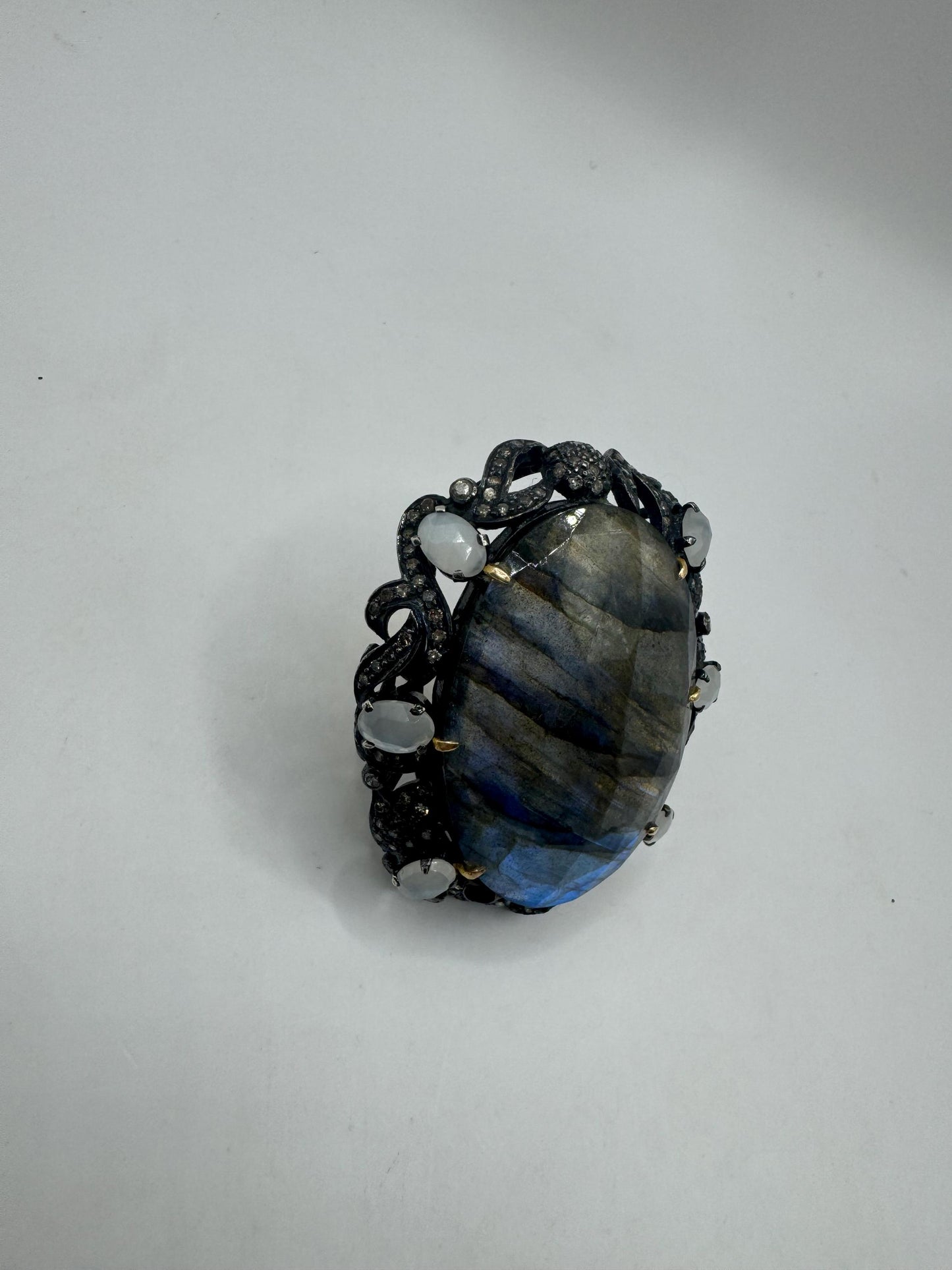 Vintage Labradorite Statement Ring, Diamonds, Moonstone, Sterling Silver Gold