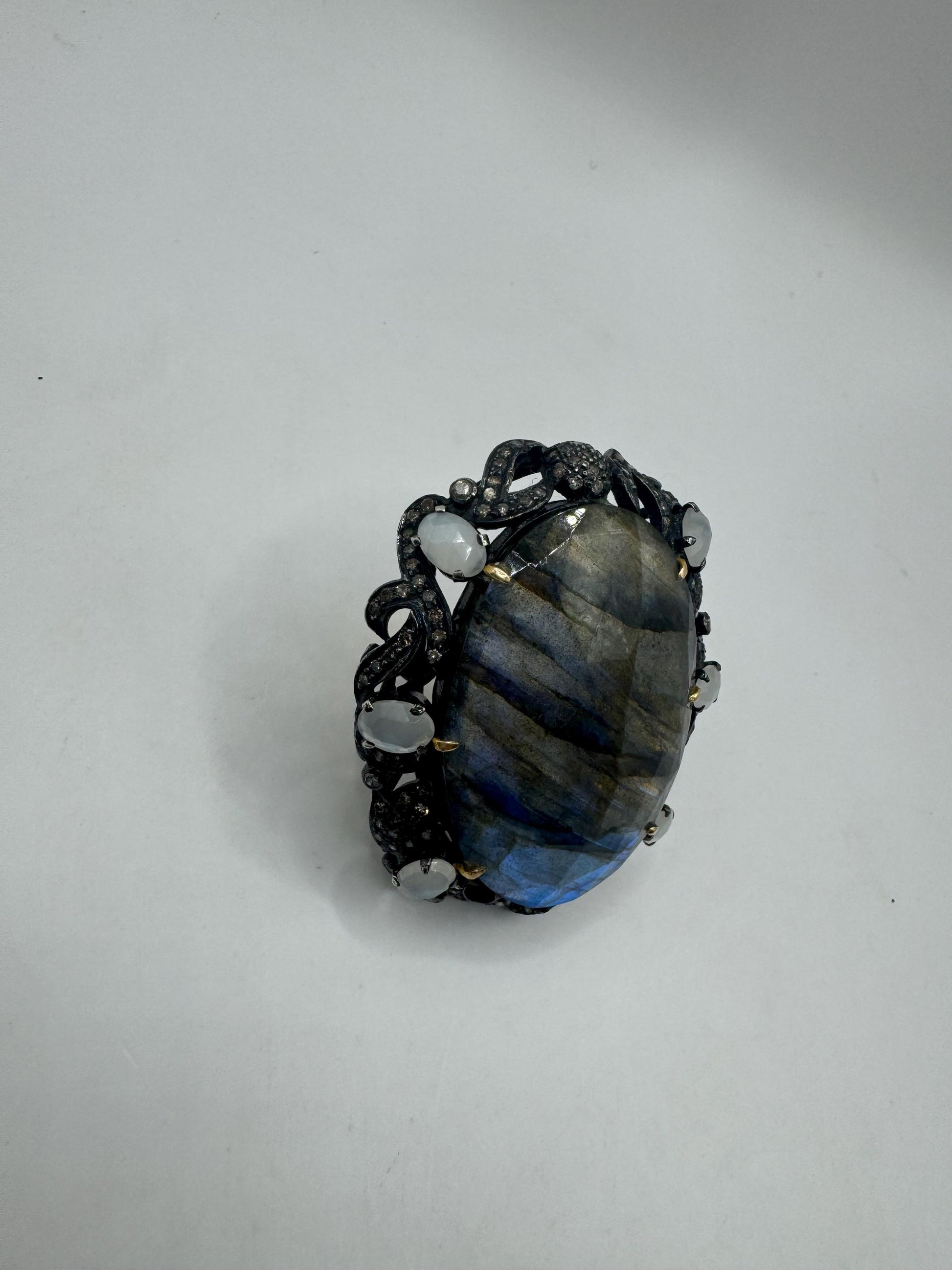 Vintage Labradorite Statement Ring, Diamonds, Moonstone, Sterling Silver Gold
