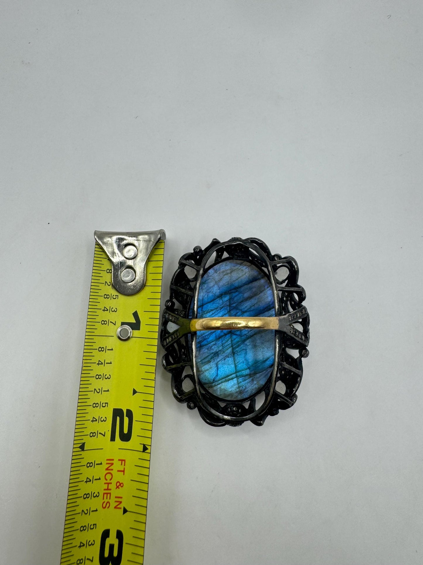 Vintage Labradorite Statement Ring, Diamonds, Moonstone, Sterling Silver Gold
