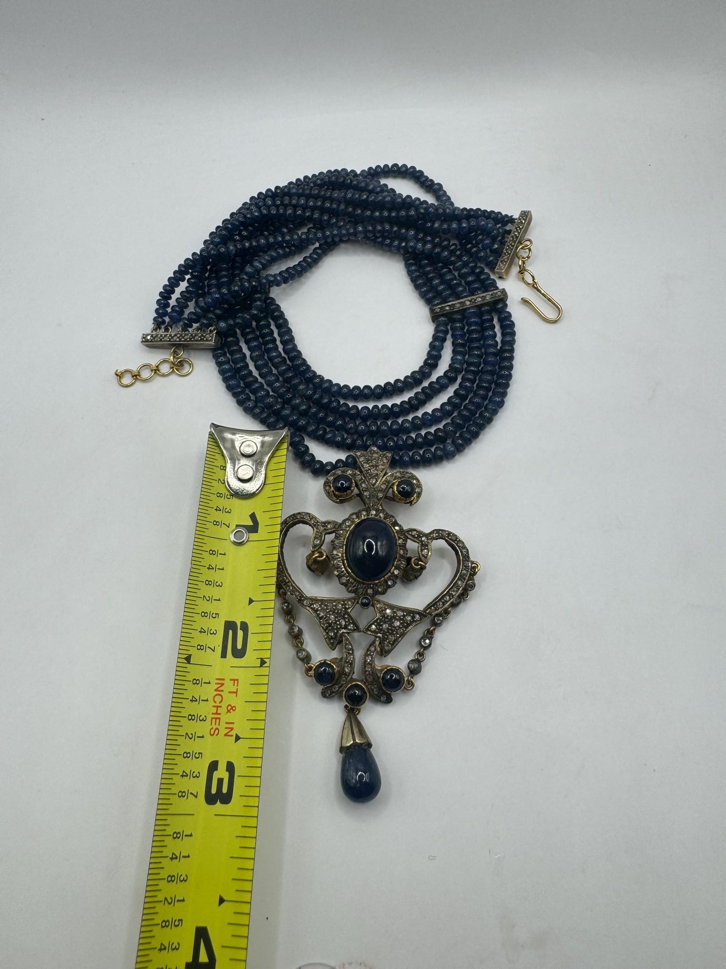 Antique Blue Sapphire Necklace Rose Cut Diamond Gold 925 Sterling Silver Pendant
