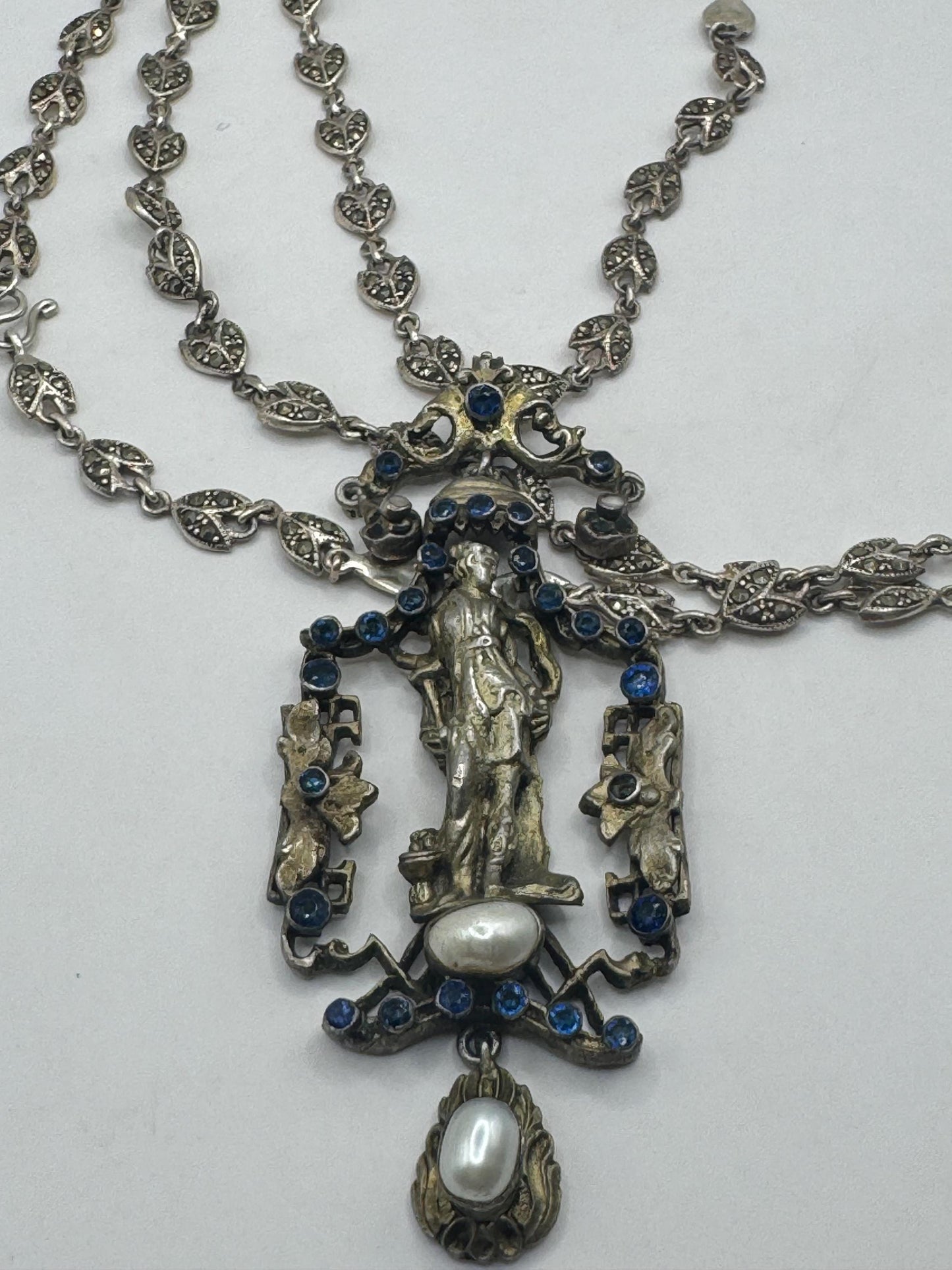 Vintage Austrio Hungarian Statement Silver Necklace| Roman revival| Blue iolite pearl