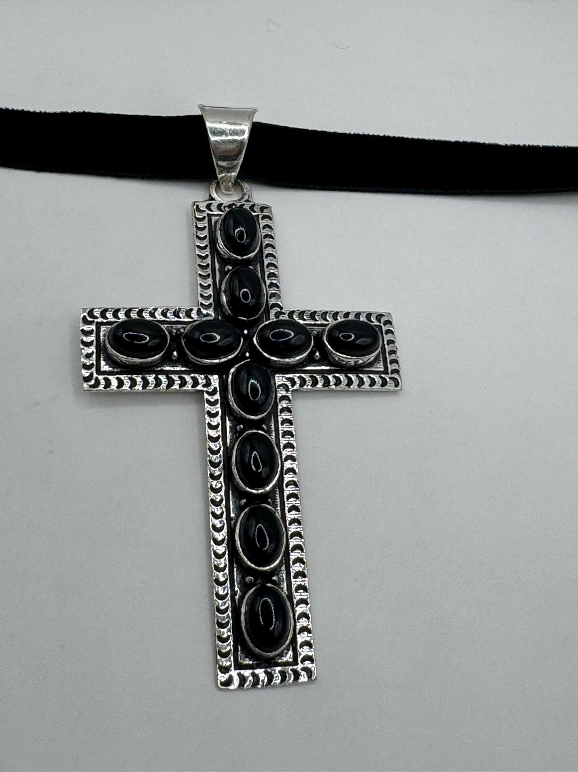 Vintage Black Onyx Cross Boho Choker Black Velvet Ribbon Pendant