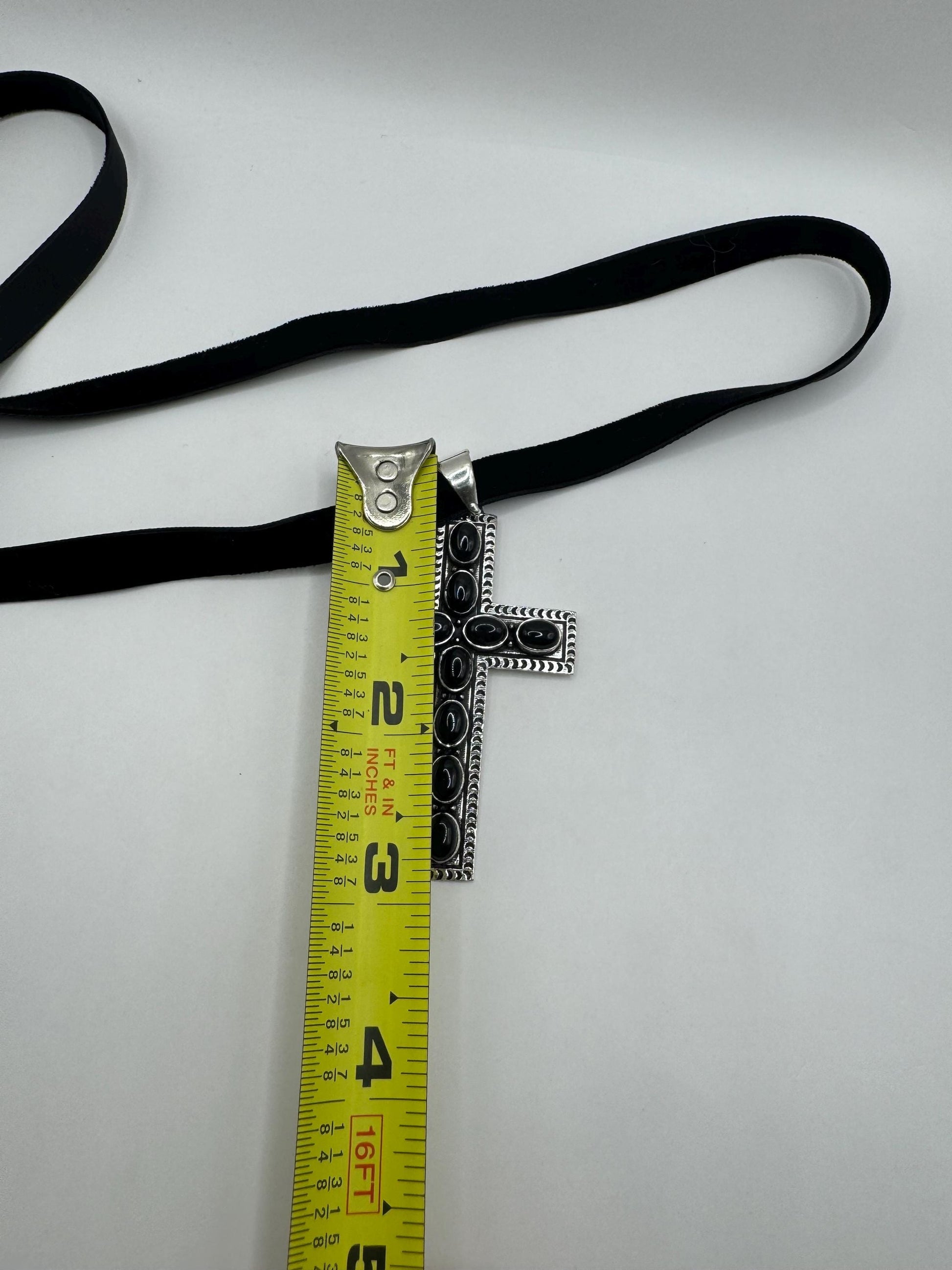 Vintage Black Onyx Cross Boho Choker Black Velvet Ribbon Pendant